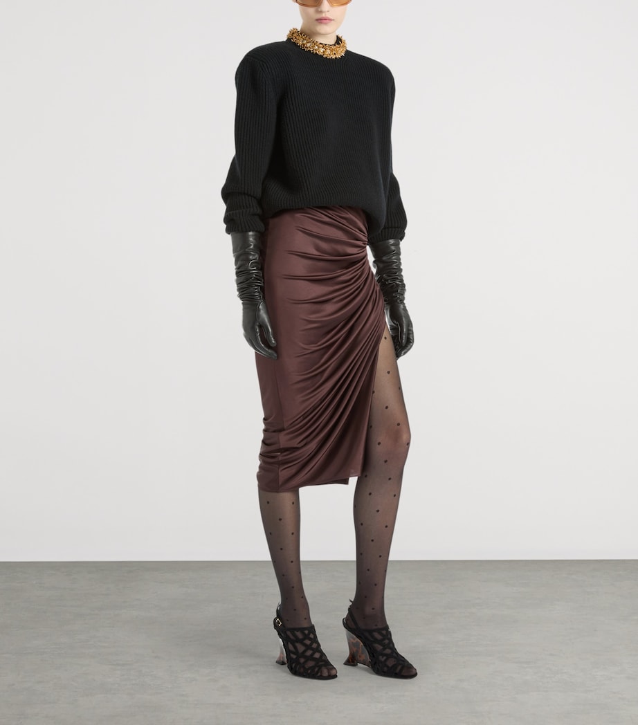 Balmain Womens Jersey Ruched Midi Skirt Brown Marron Image 2