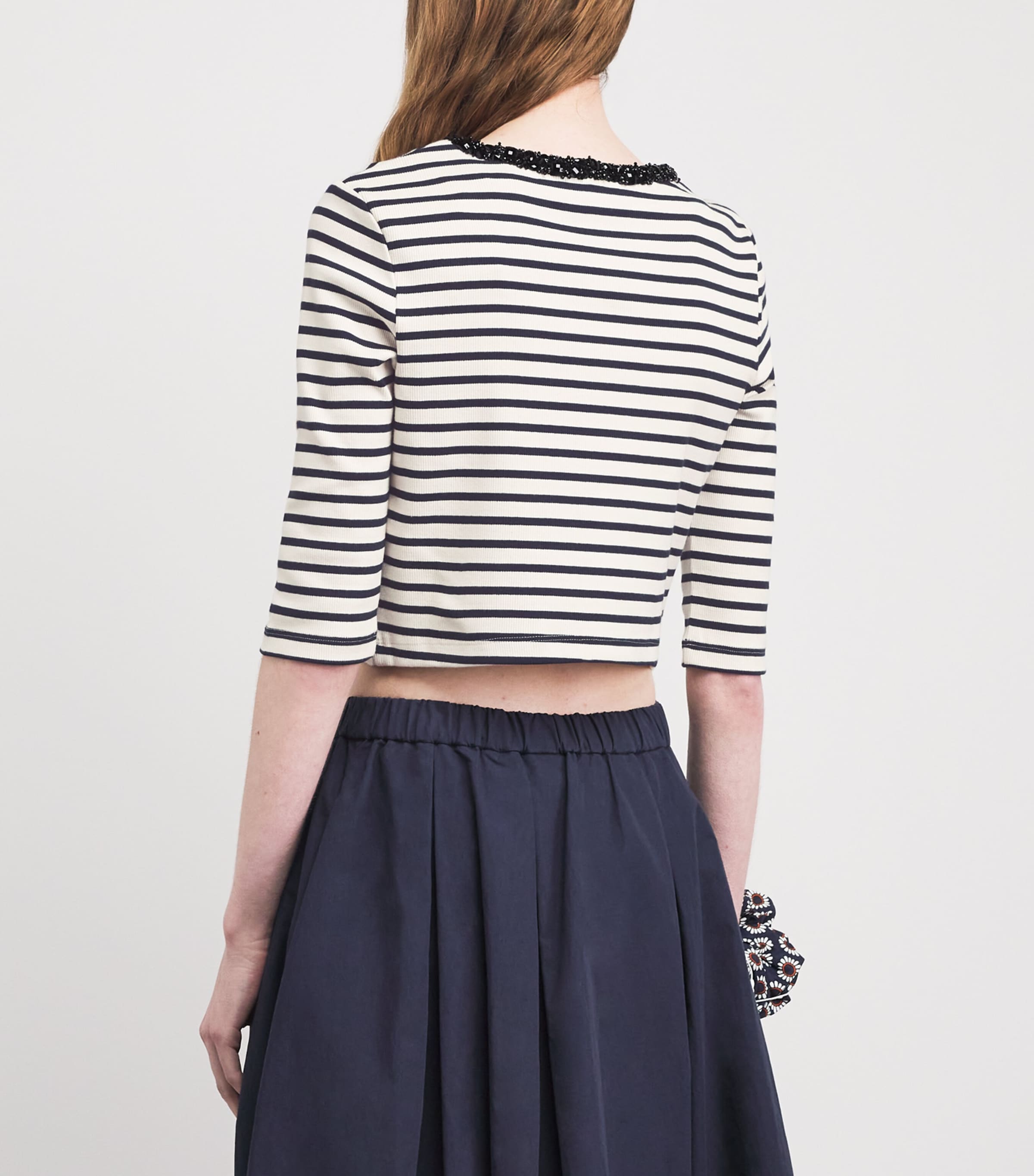 Sandro Paris Womens Stretch-Cotton Stripe Crop Top Navy Blue Image 5