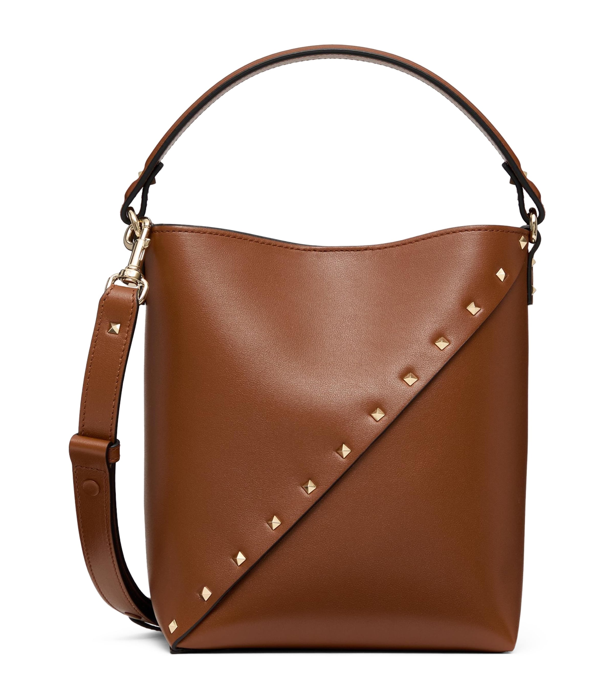 Shop Valentino Small Leather Rockstud Wispy Bucket Bag In Brown