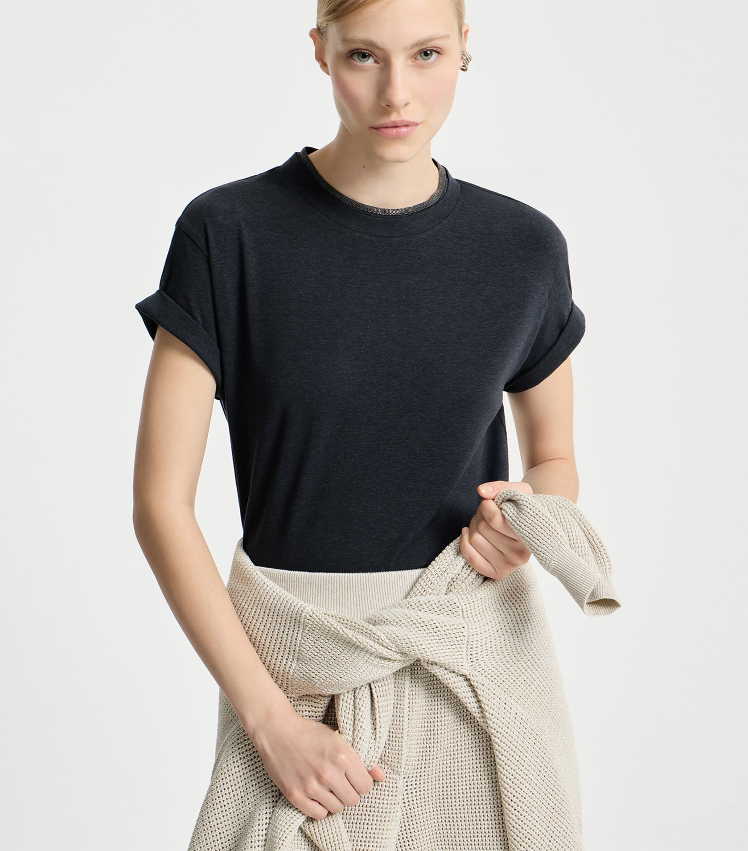 Brunello Cucinelli Womens Embellished Stretch-Cotton T-Shirt Image 4
