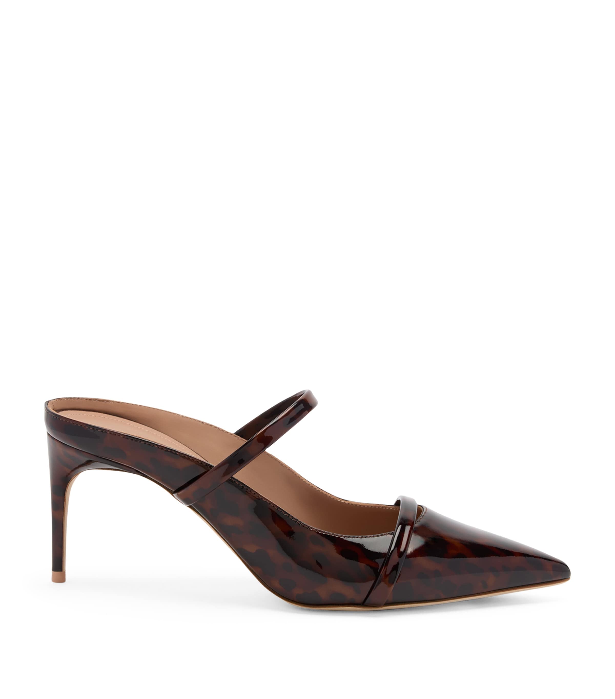 Malone Souliers Patent Leather Leopard Aurora Heeled Mules 70 In Brown