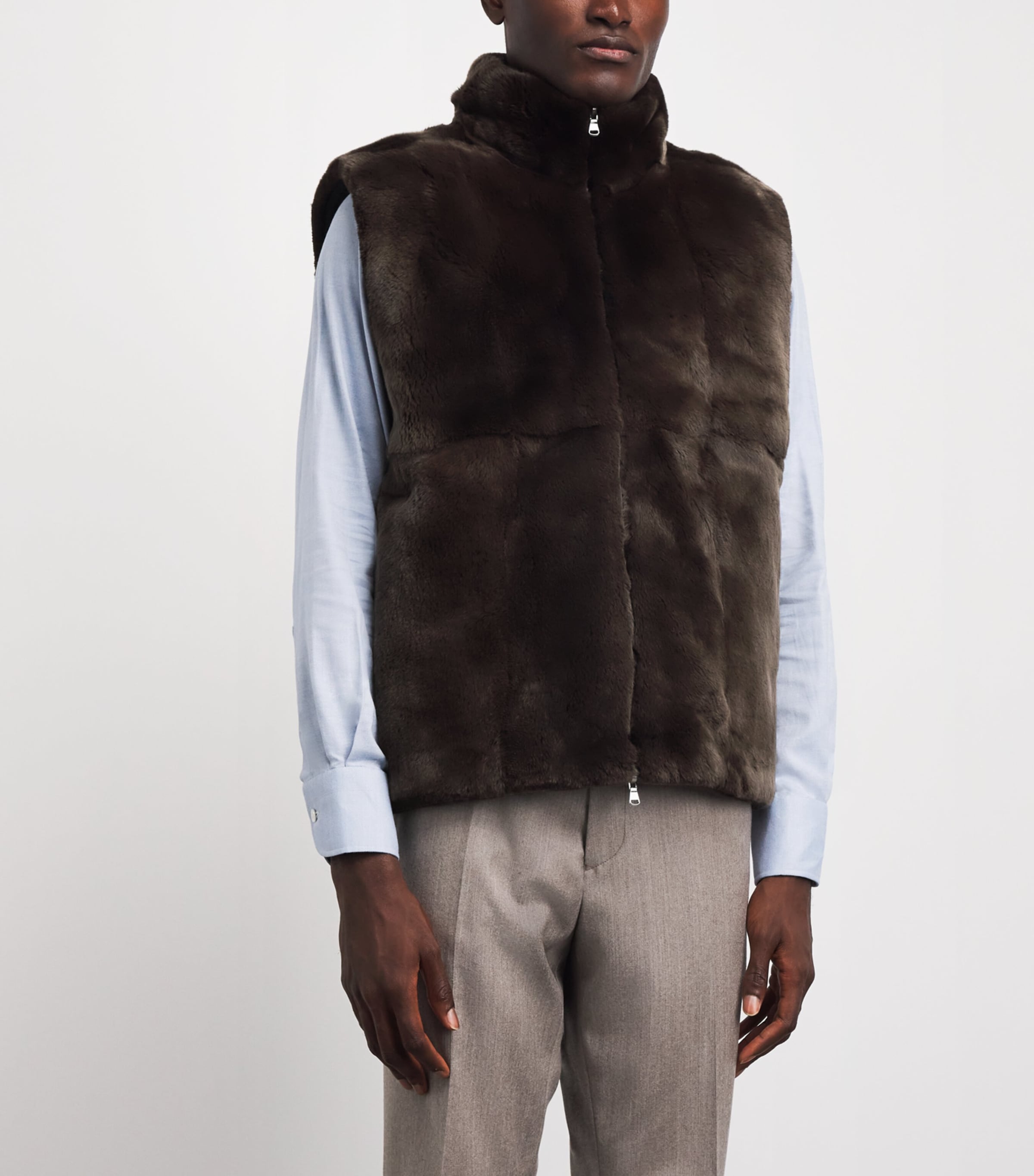 N.Peal Mens Cashmere Fur-Lined Gilet Navy Chocolate Fur Image 6