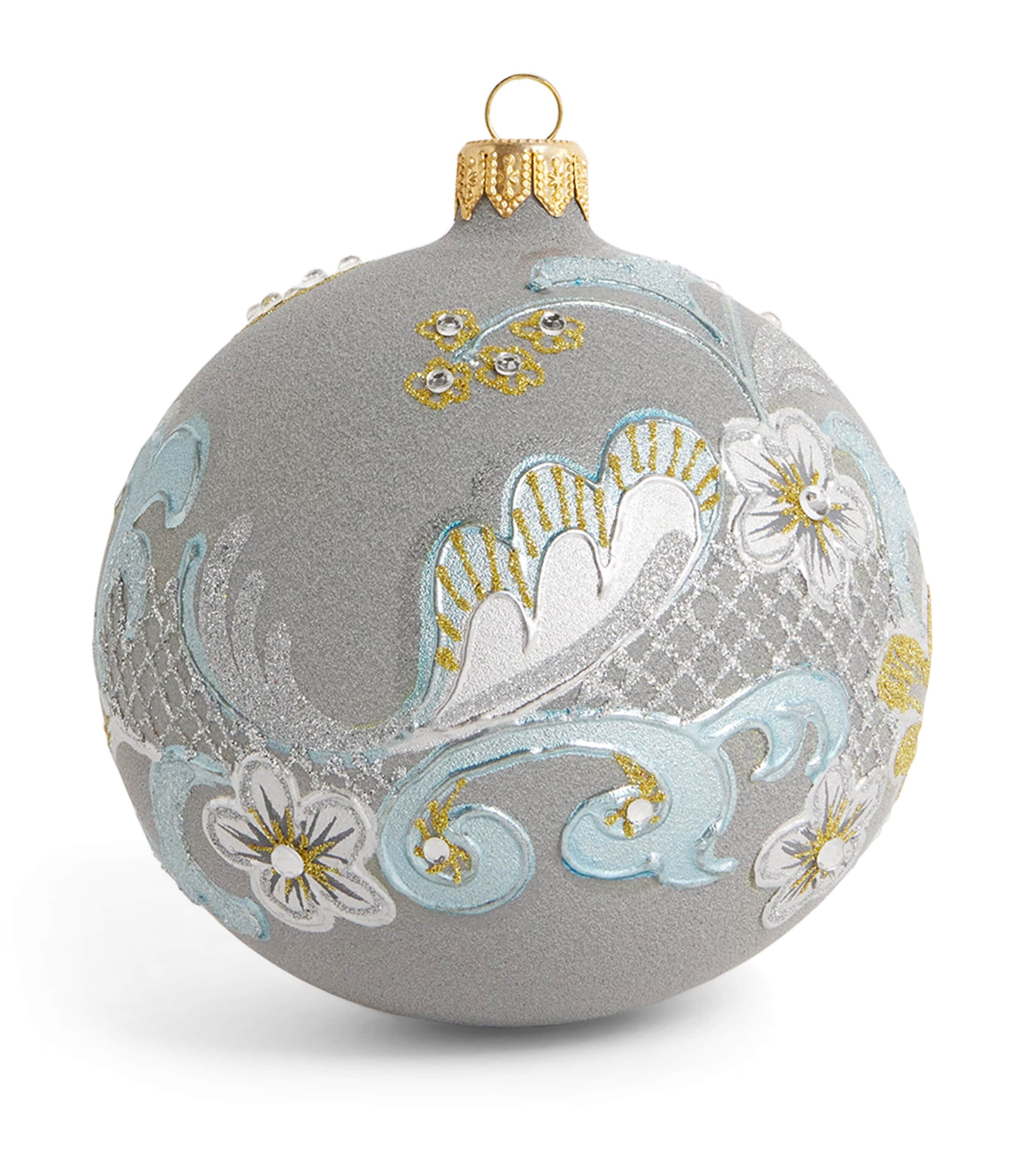 Harrods Glass-glitter Floral Bauble In Gray