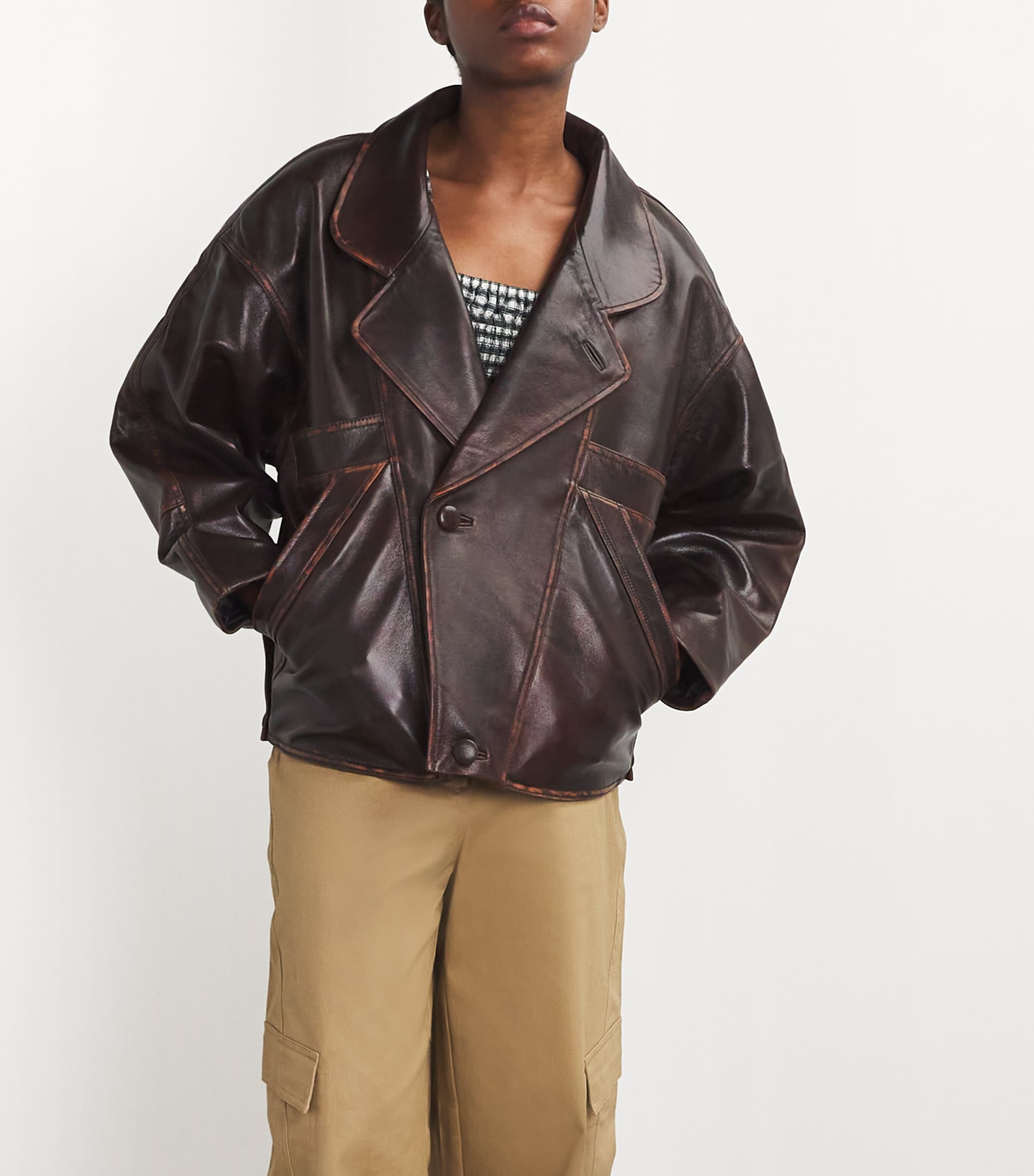 Double-Breasted Leather Jacket BROWN Image 3