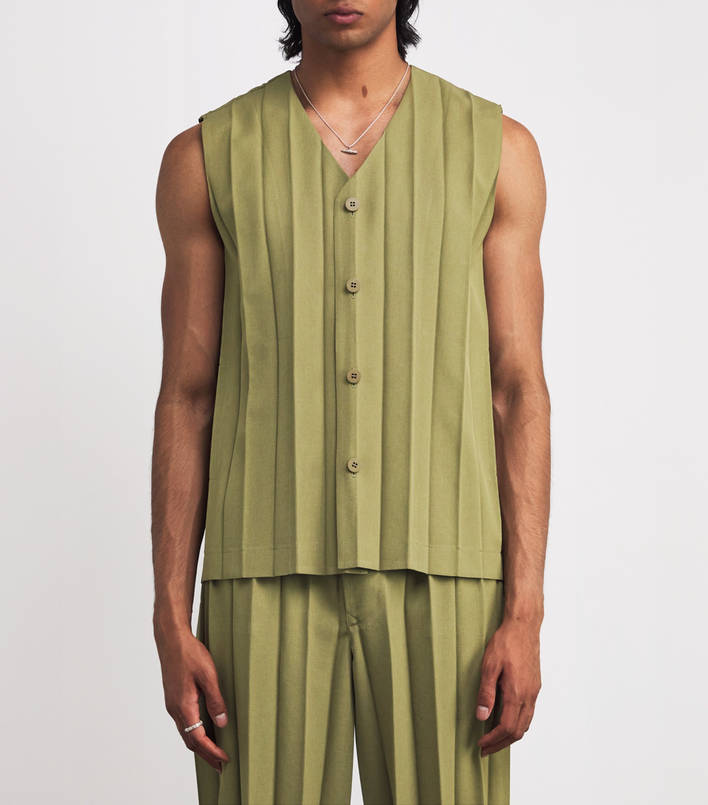 Homme Plissé Issey Miyake Mens Pleated Edge Ensemble Waistcoat Khaki Image 3