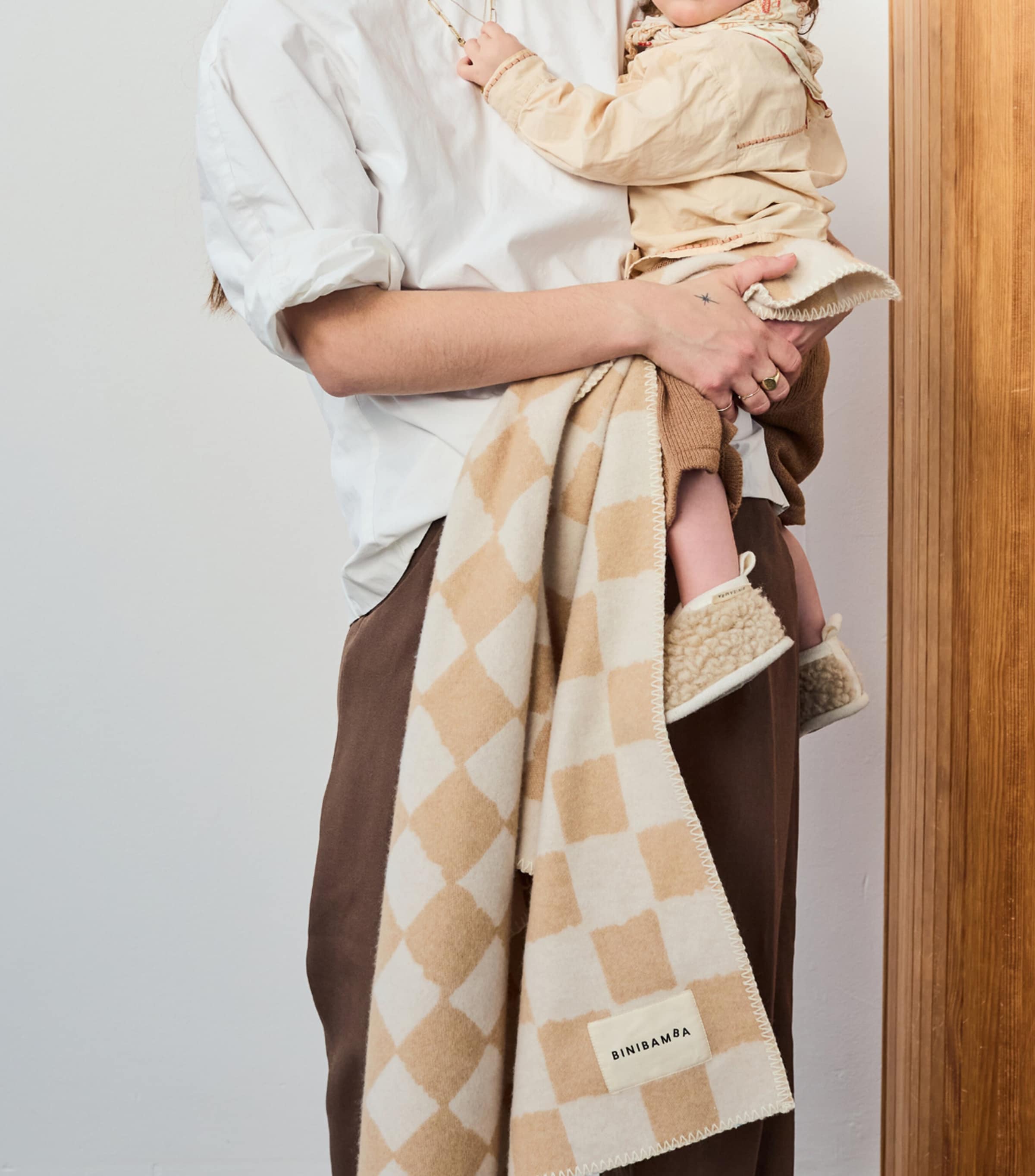 Binibamba Merino Wool Chequerboard Blanket In Brown