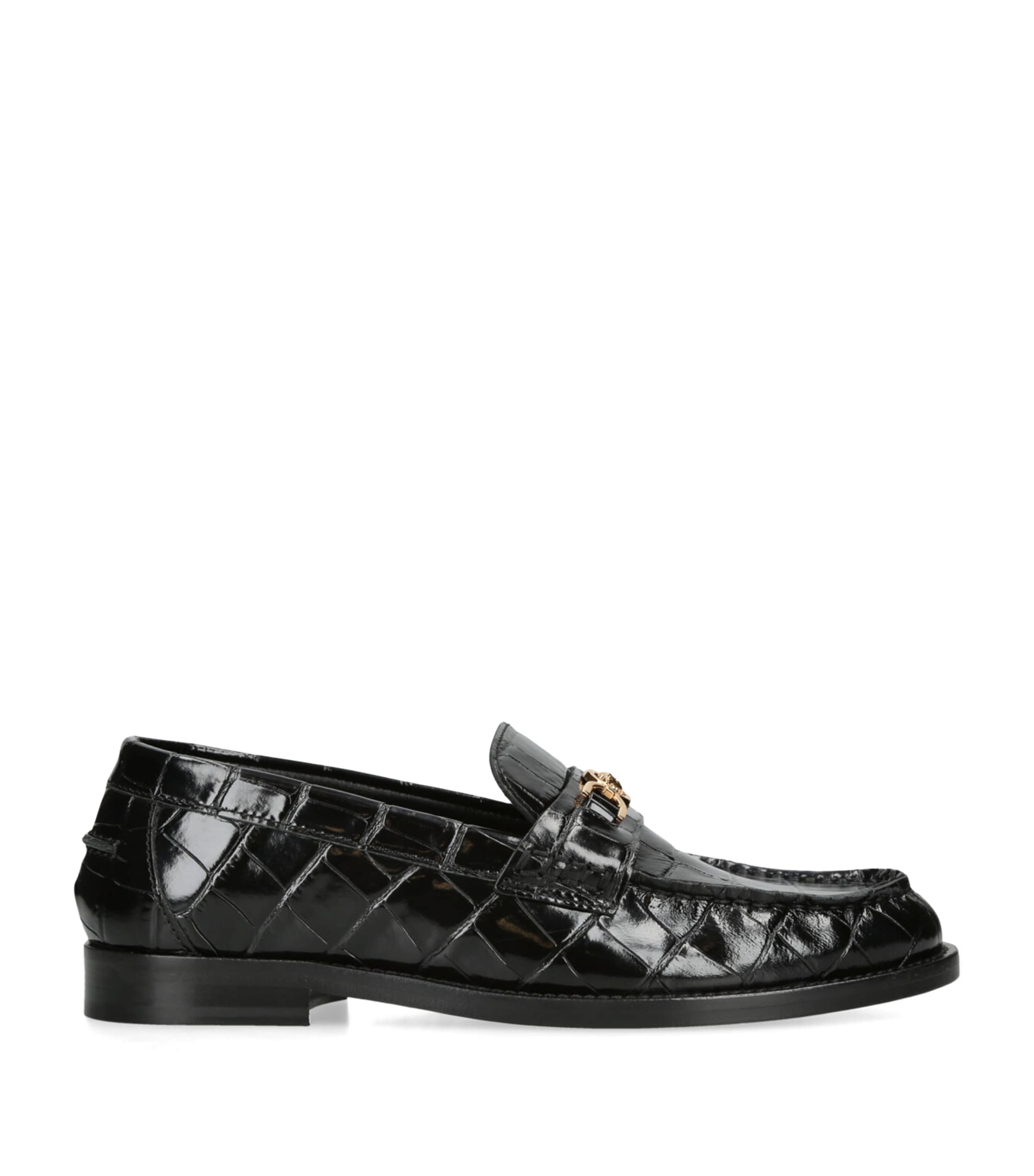 Versace Womens Black Medusa Croc-embossed Leather Loafers In Black