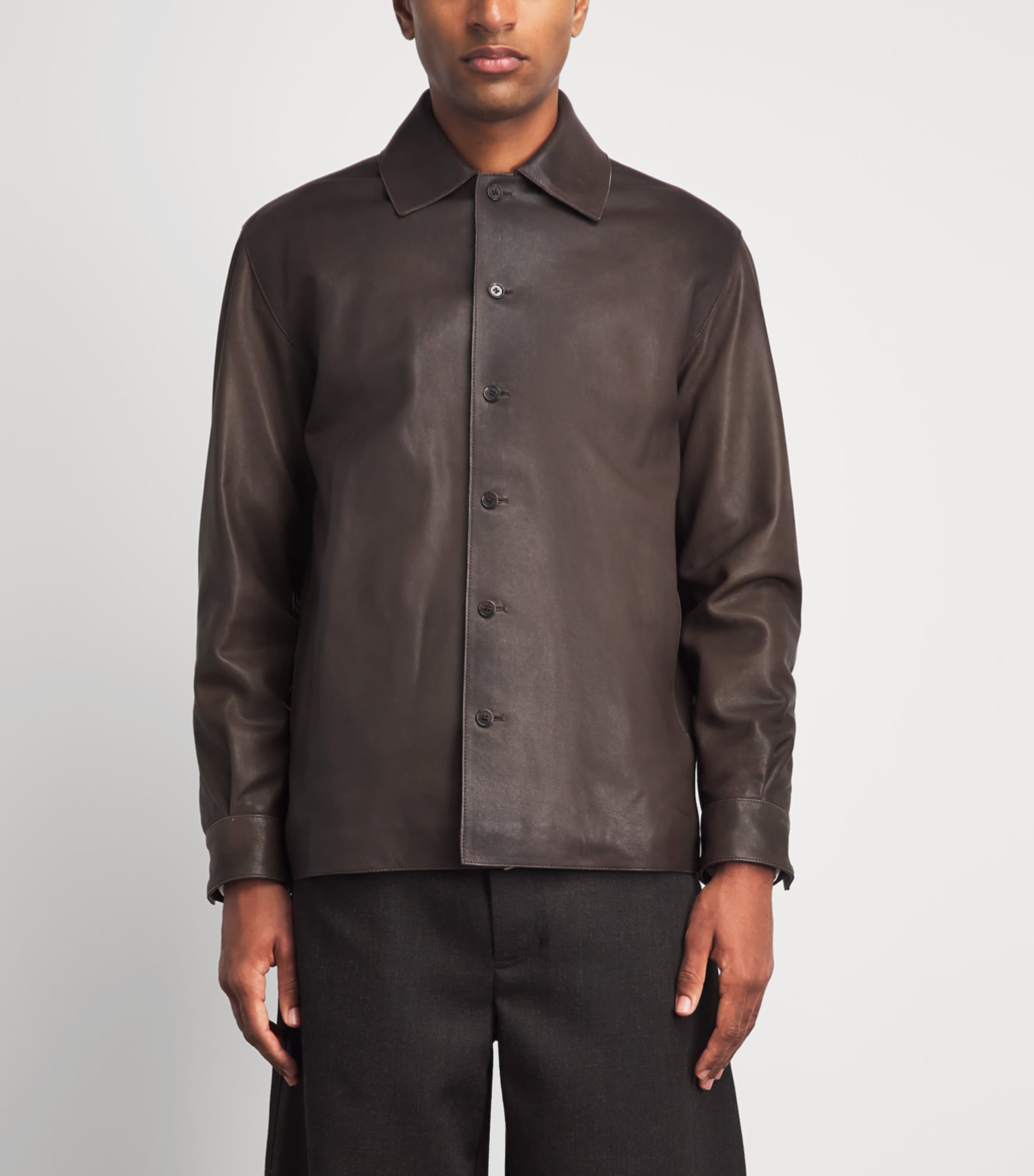 Arma Mens Timon Leather Shirt Charcoal Brown Image 4