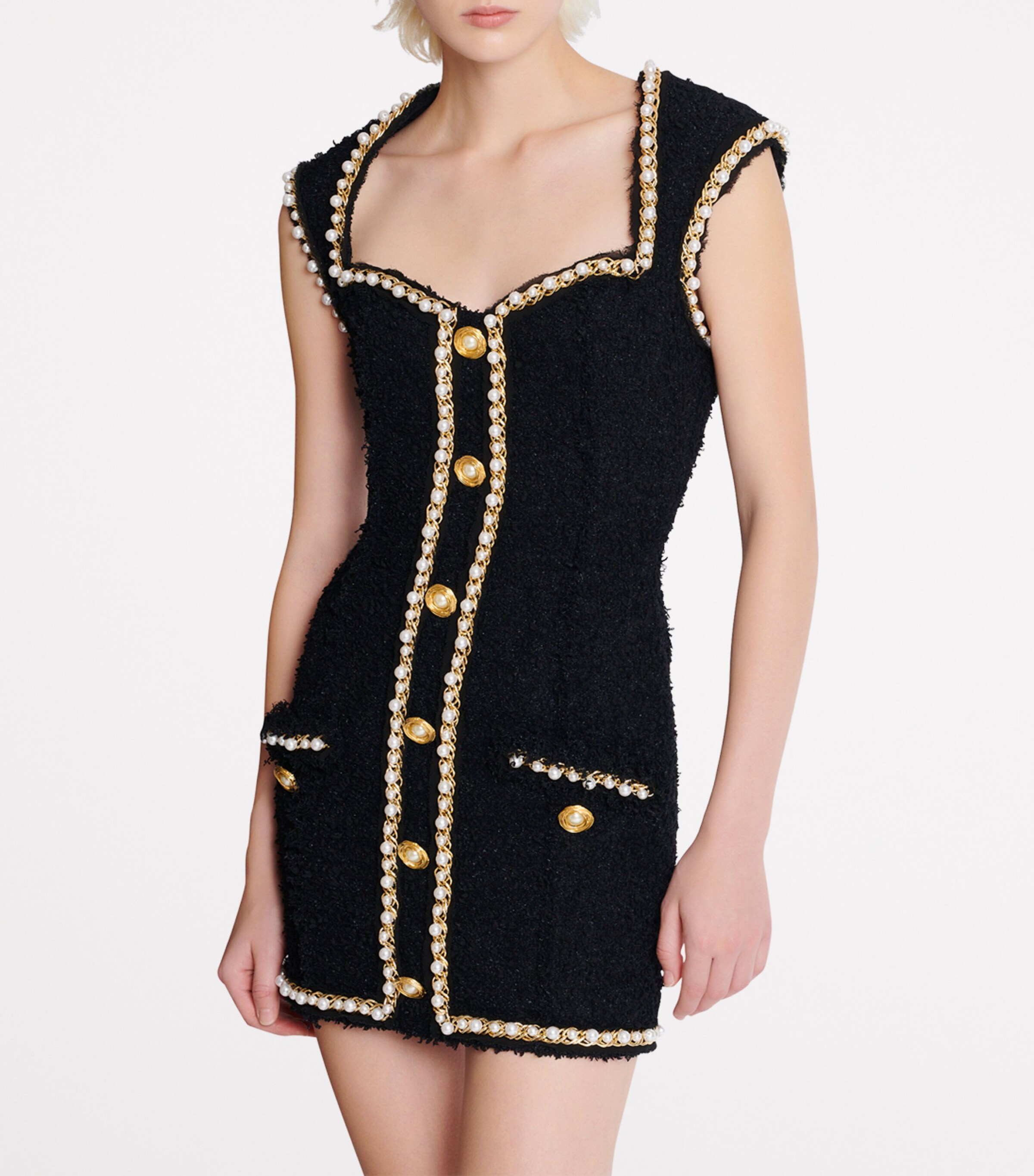 Balmain Womens Tweed Embellished Mini Dress Eel Black Image 5