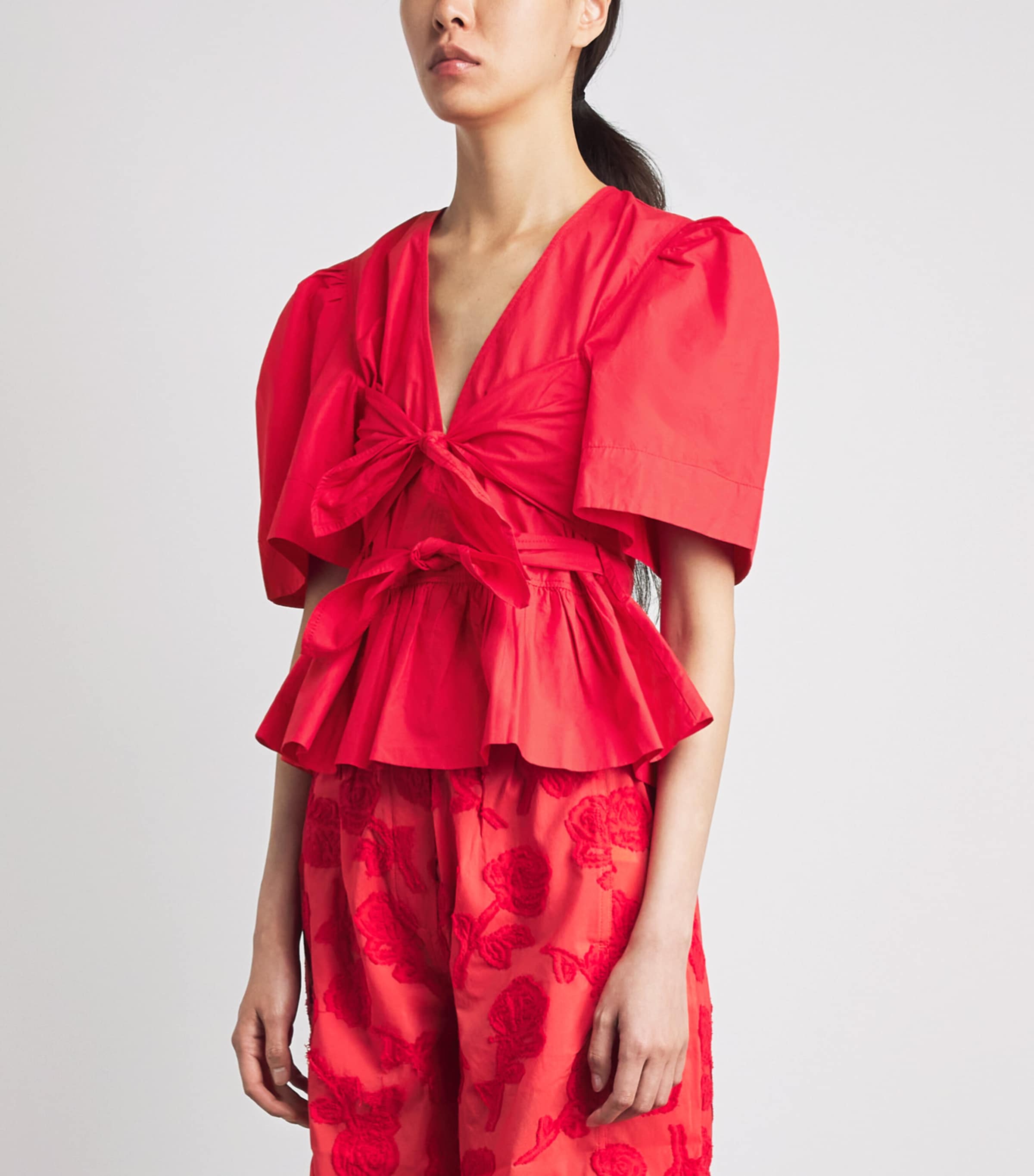 GANNI Womens Cotton Bow-Detail Blouse Racing Red Image 4