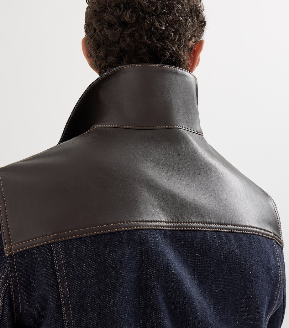 Brunello Cucinelli Mens Leather-Trim Denim Jacket Blue Image 6