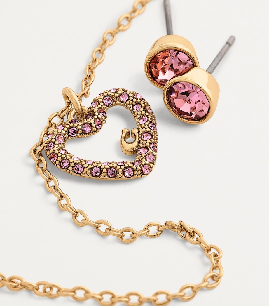 Coach Pavé Crystal Heart Necklace and Earrings Set Pink Image 7