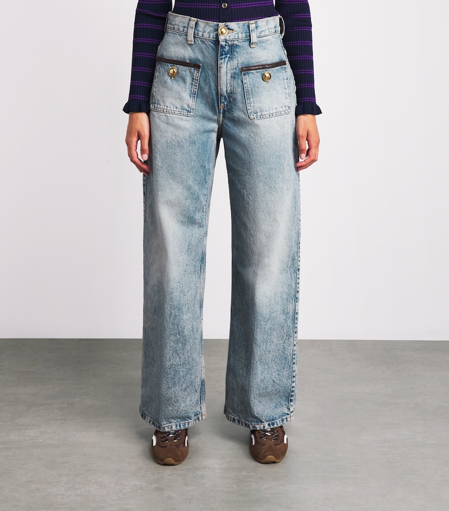 Sandro Paris Womens Leather-Trimmed Straight Jeans Blue Jean Image 4