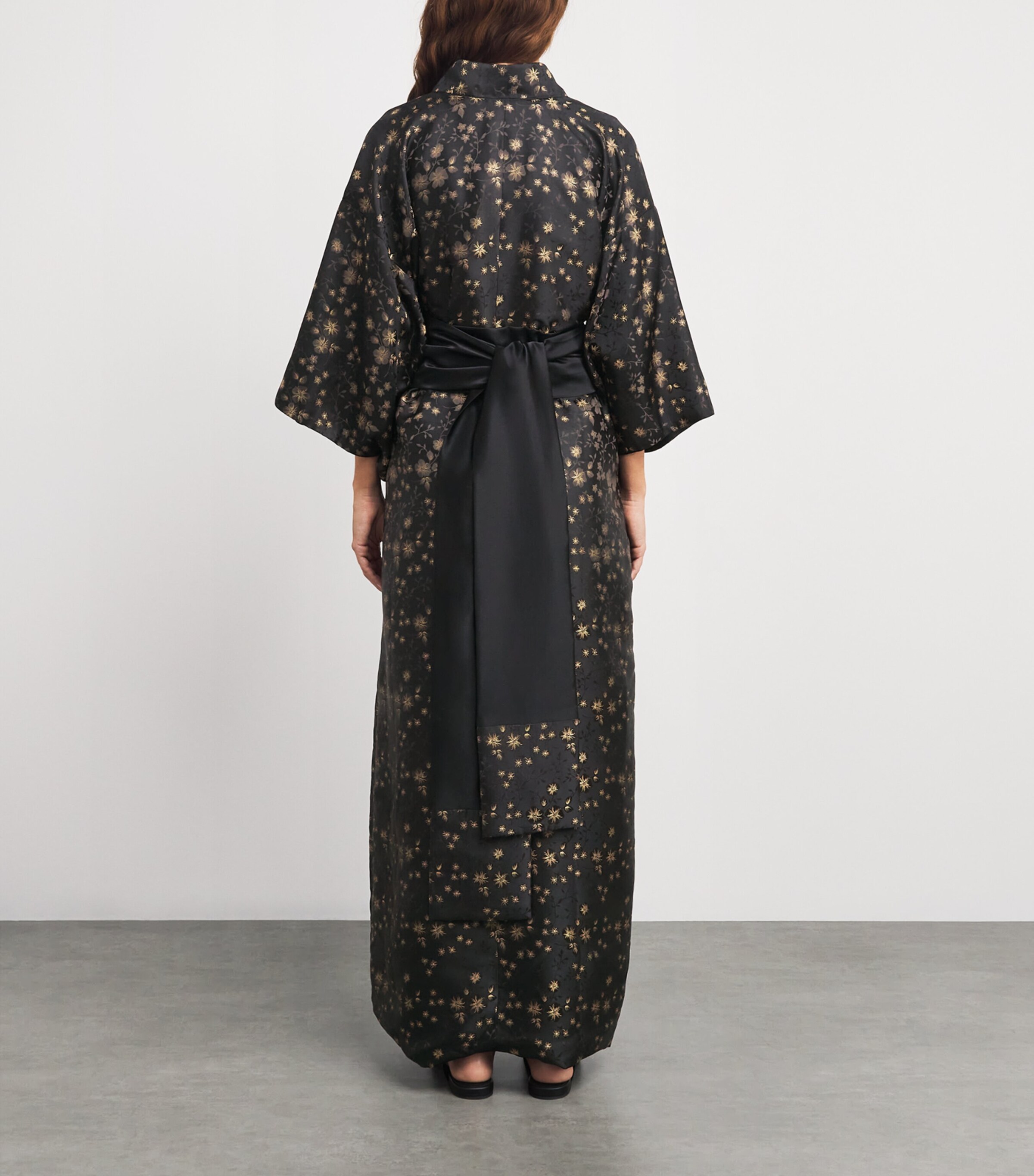 Silk Floral Kimono Dressing Gown BLACK/GOLD Image 3