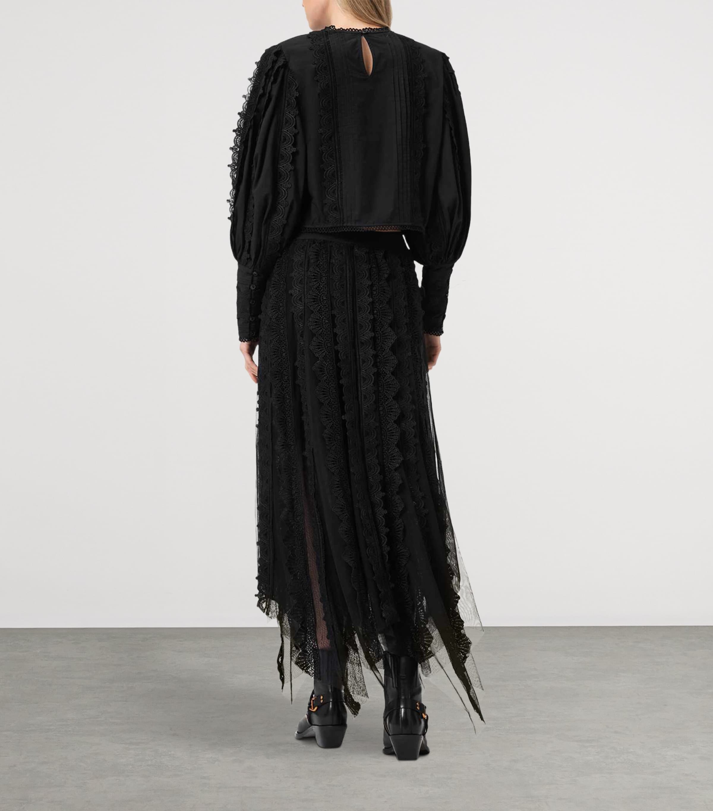 AllSaints Womens Cotton-Lace Vashtie Midi Skirt Black Image 4
