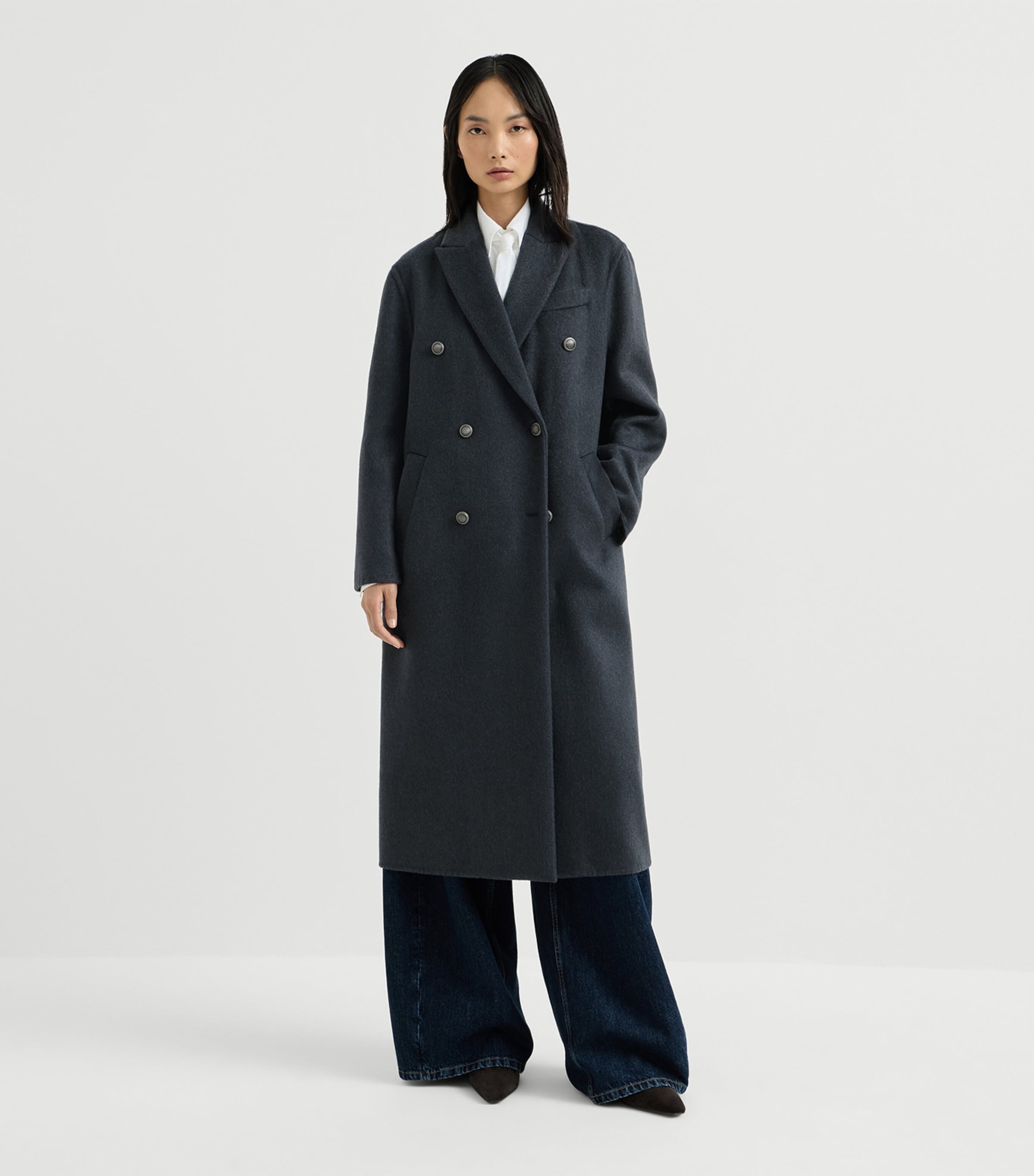 Brunello Cucinelli Womens Cashmere Double-Breasted Overcoat Blu Freddo Image 2