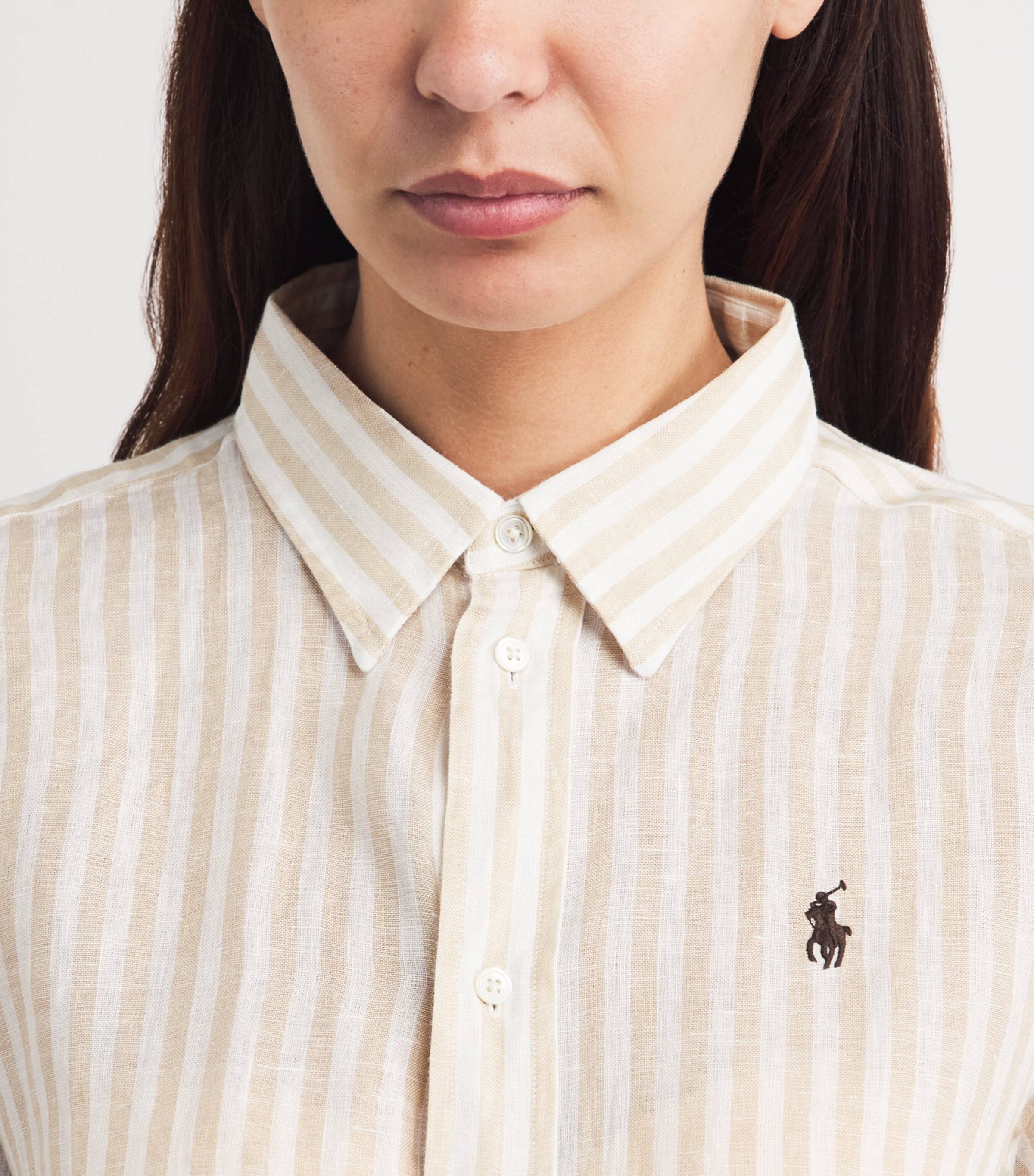 Polo Ralph Lauren Womens Linen Cropped Stripe Shirt Dune Tan/white Image 3