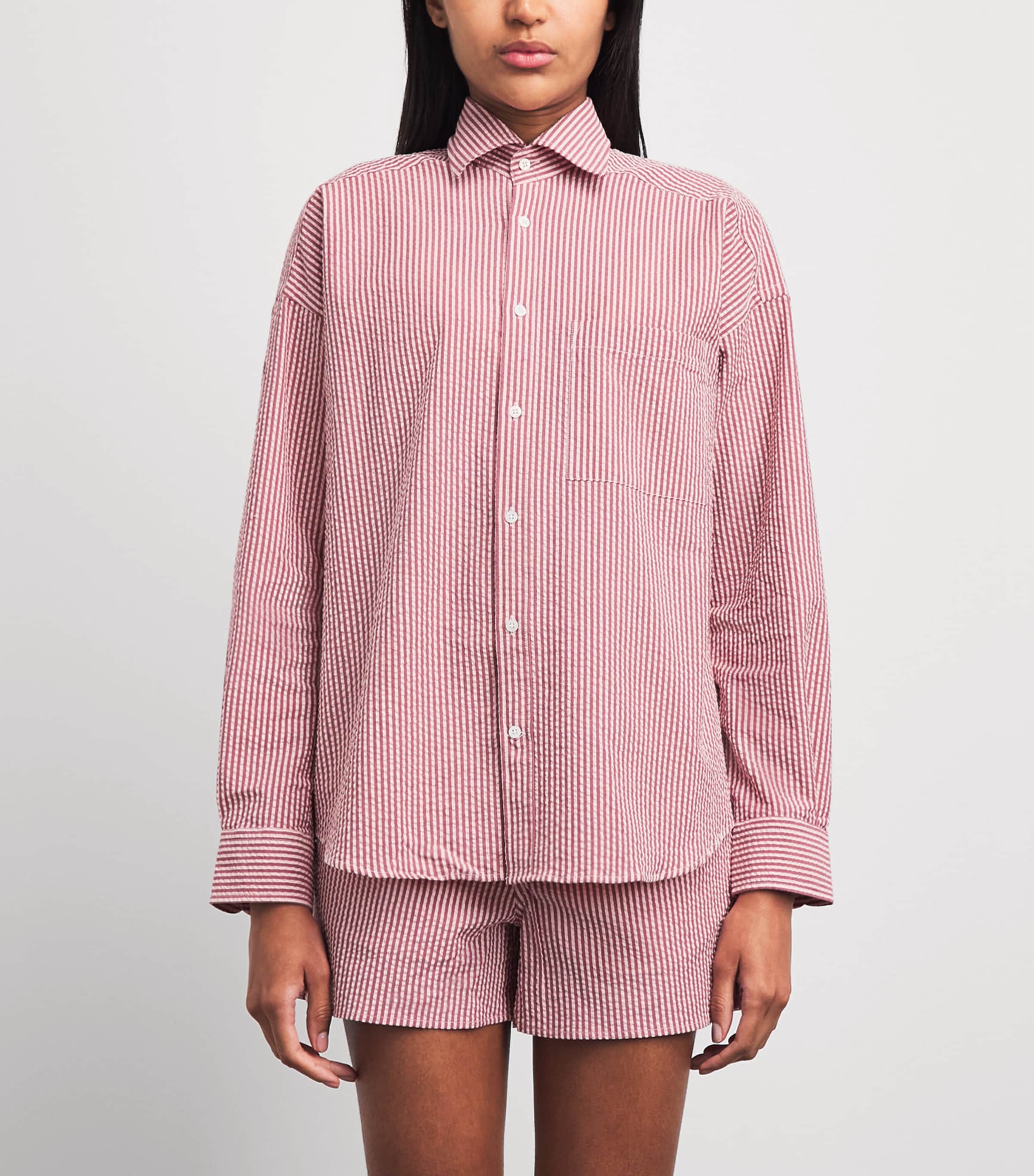 With Nothing Underneath Womens Seersucker Striped The Weekend Shirt Pink Berry Stripe Image 4