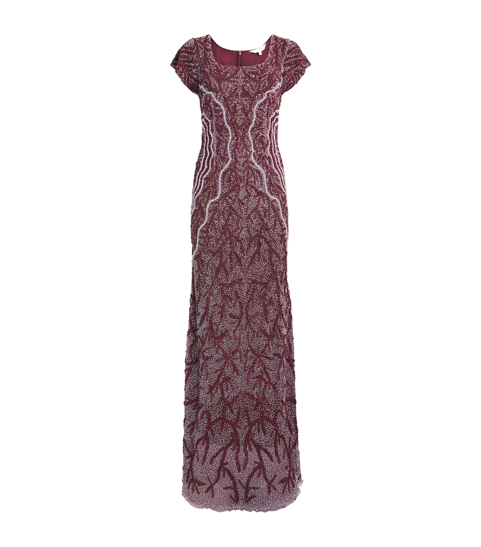 Raishma Short-Sleeve Beaded Gown Burgundy