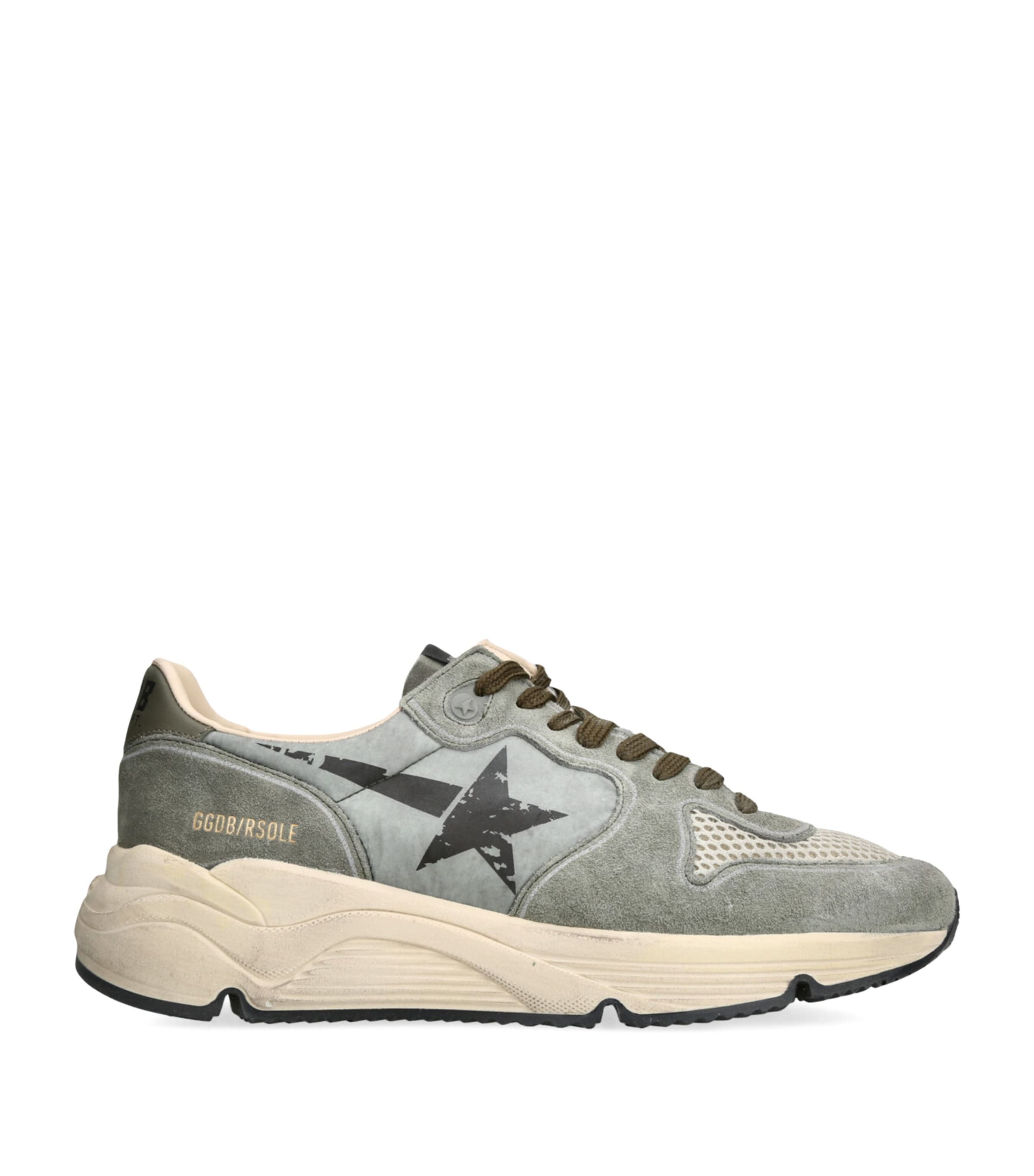 Golden Goose Running Sole In Green Suede With White Leather Star And Heel In Gray