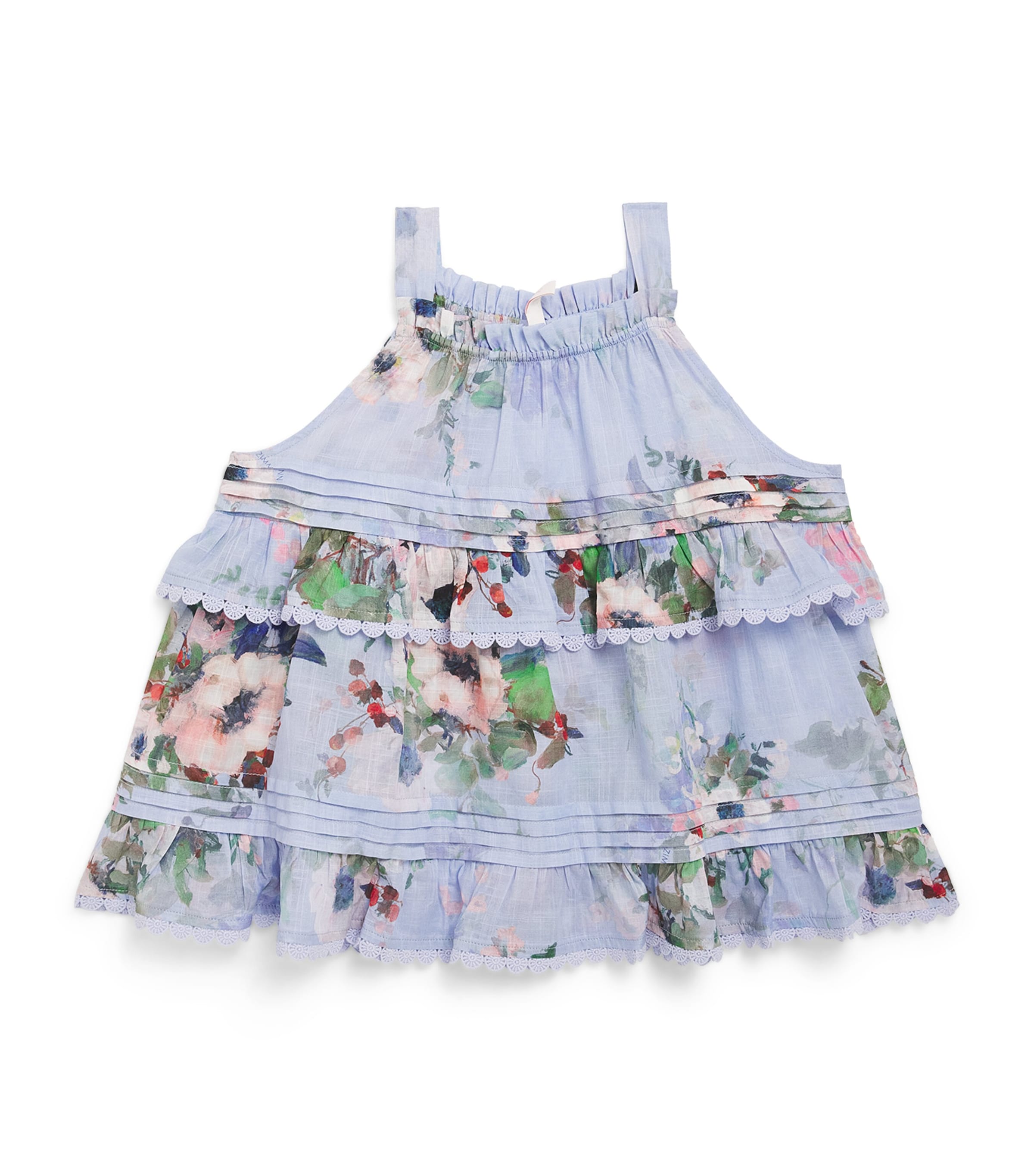Zimmermann Girl's Everley Tiered Floral-print Top In Blue
