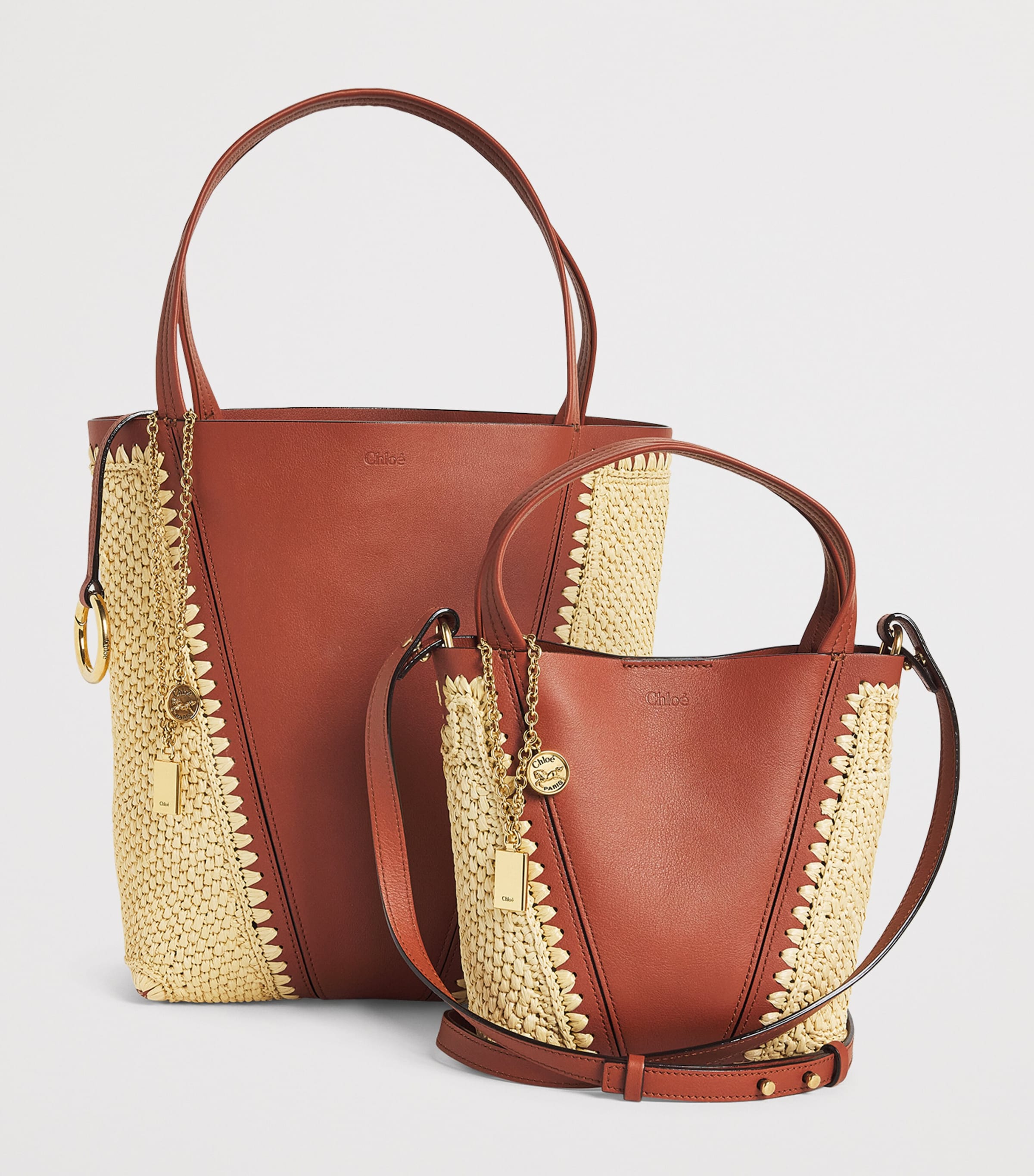 Chloé Medium Raffia-Effect and Leather Spin Tote Bag Clay Brown Image 4