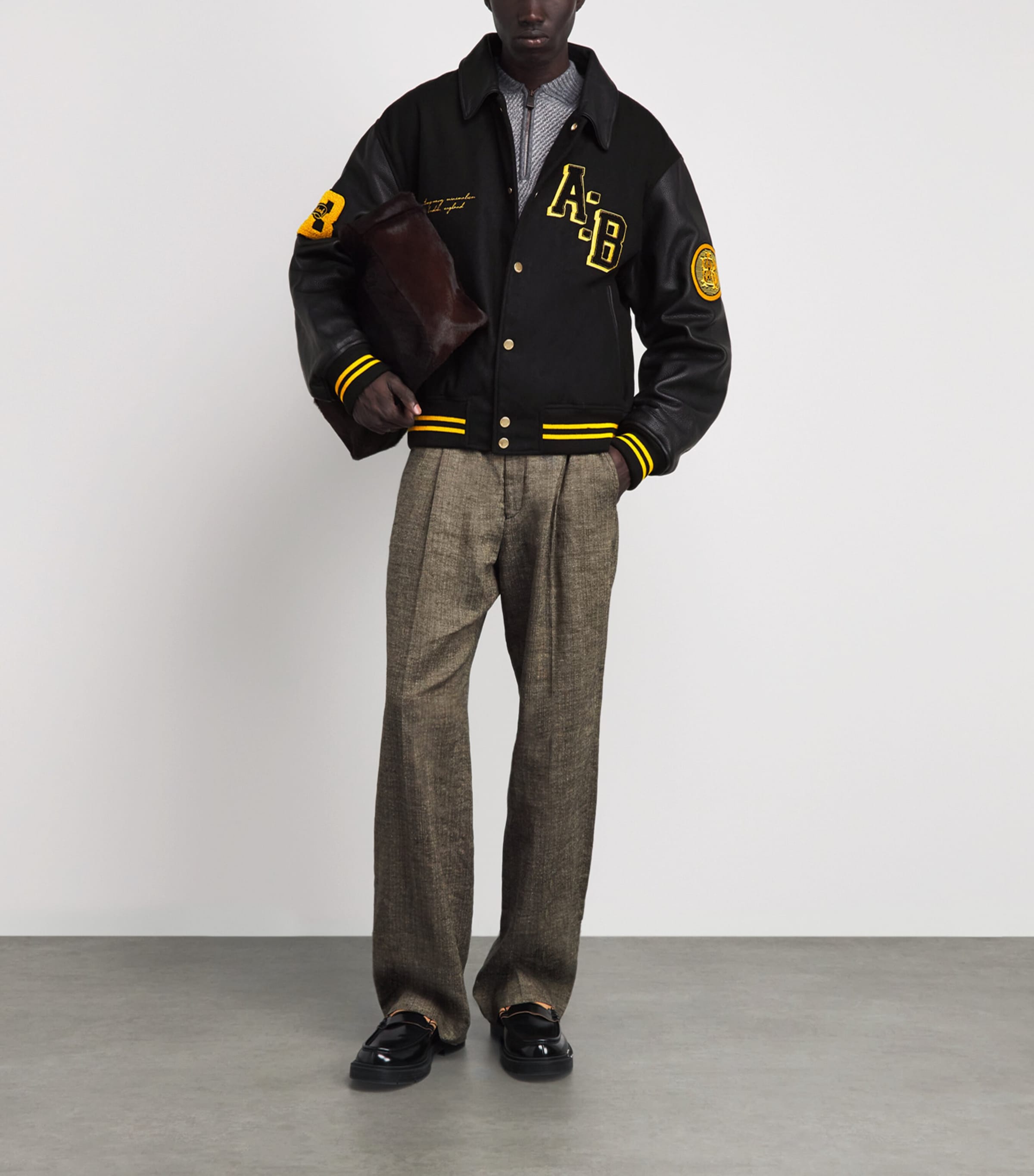 about:blank Mens Leather-Wool Letterman Jacket Black Image 2
