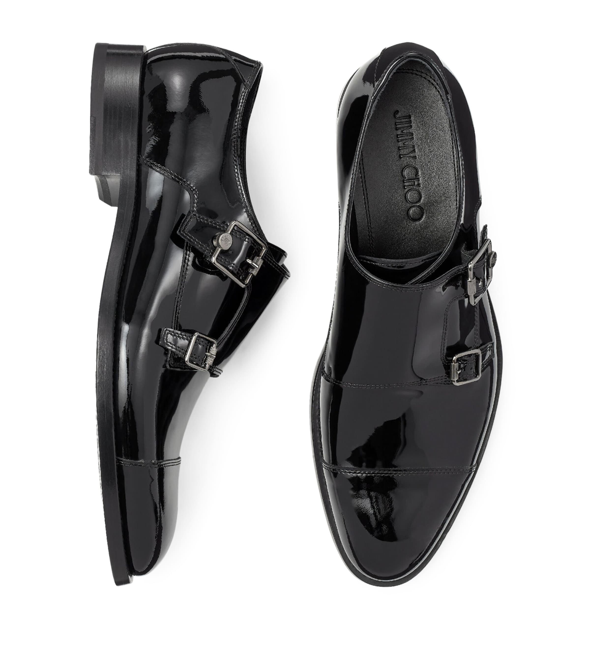 Jimmy Choo Black Finnion Monk Strap Leather Shoes | Harrods UK