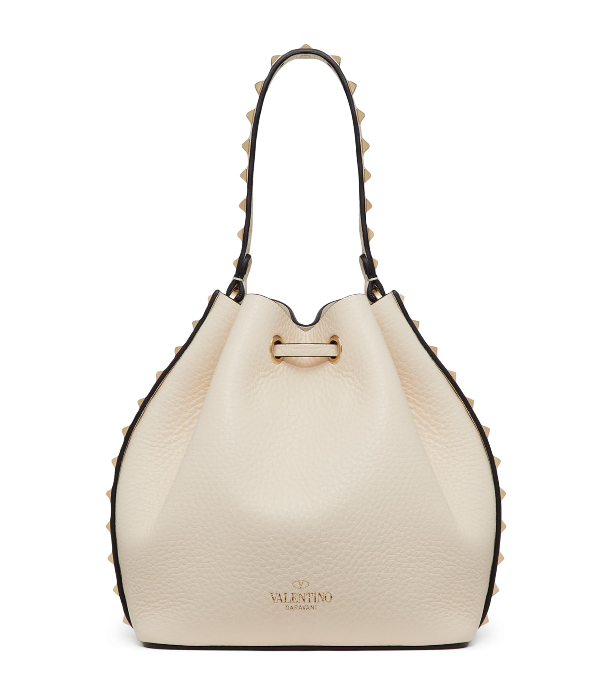 Valentino Garavani Leather Rockstud Bucket Bag In Ivory