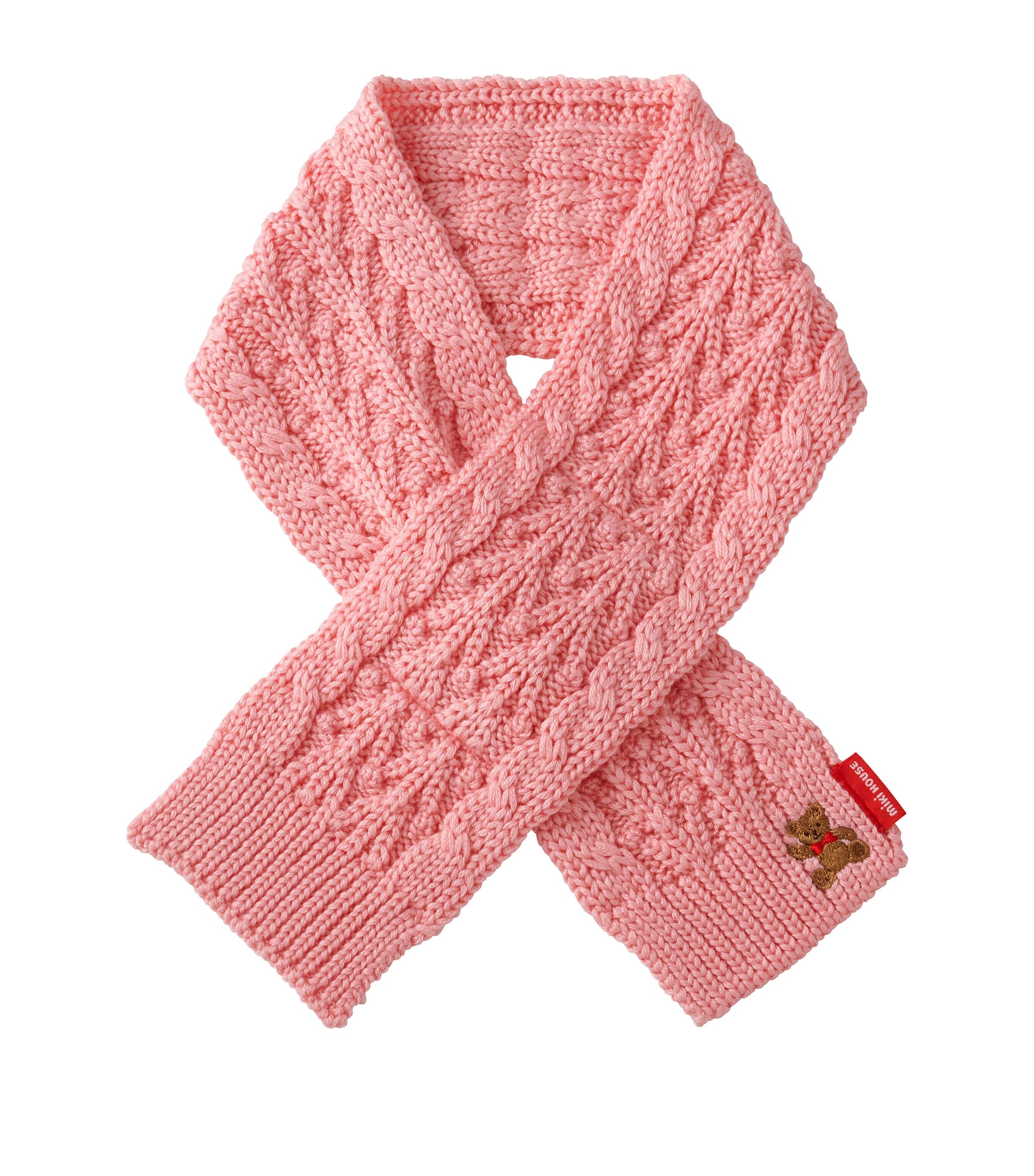 Miki House Kids' Cable-knit Bear-embroidered Scarf In Pink