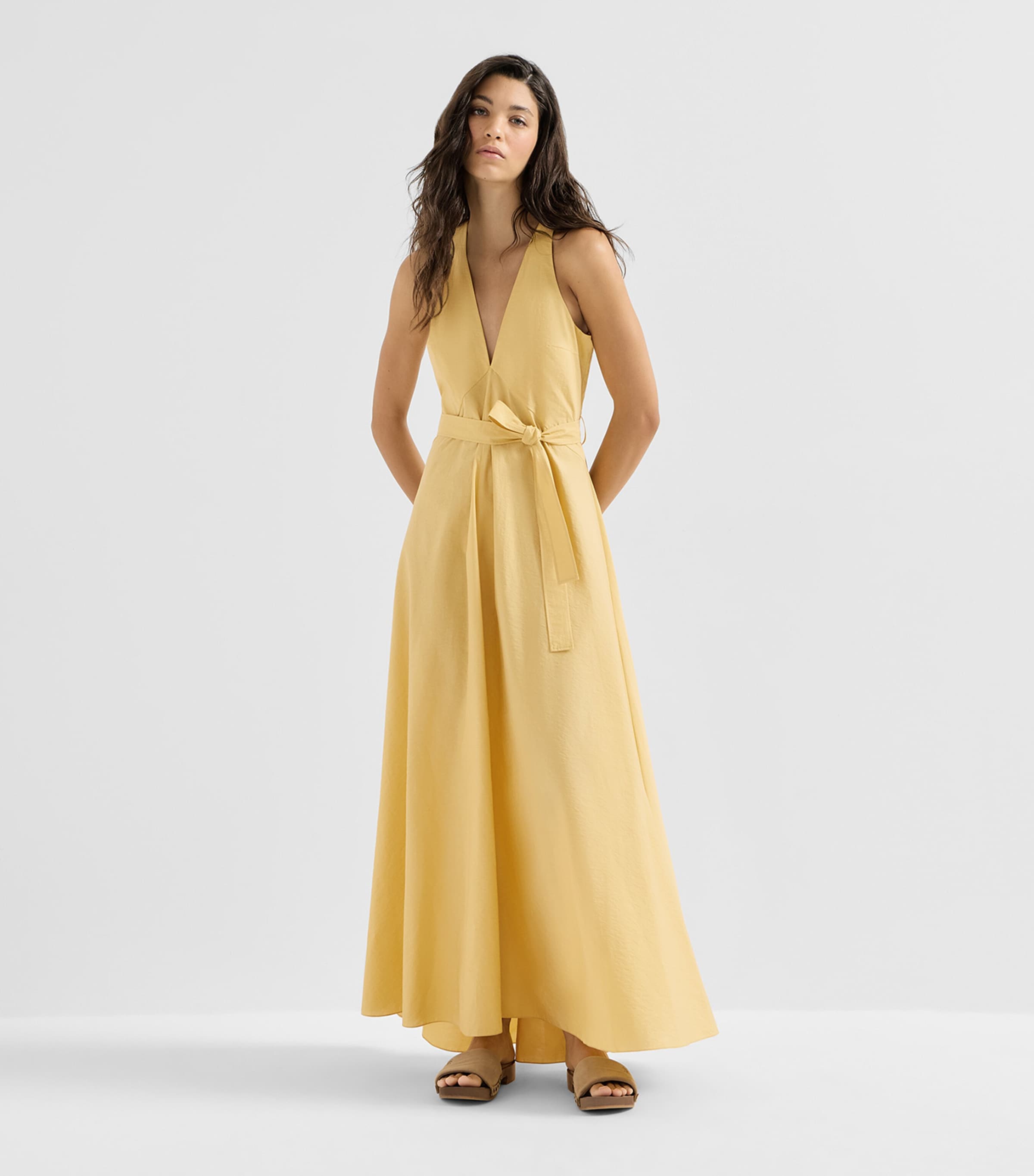 Brunello Cucinelli Womens Techno-Cotton Poplin Belted Maxi Dress Zabaione Image 4