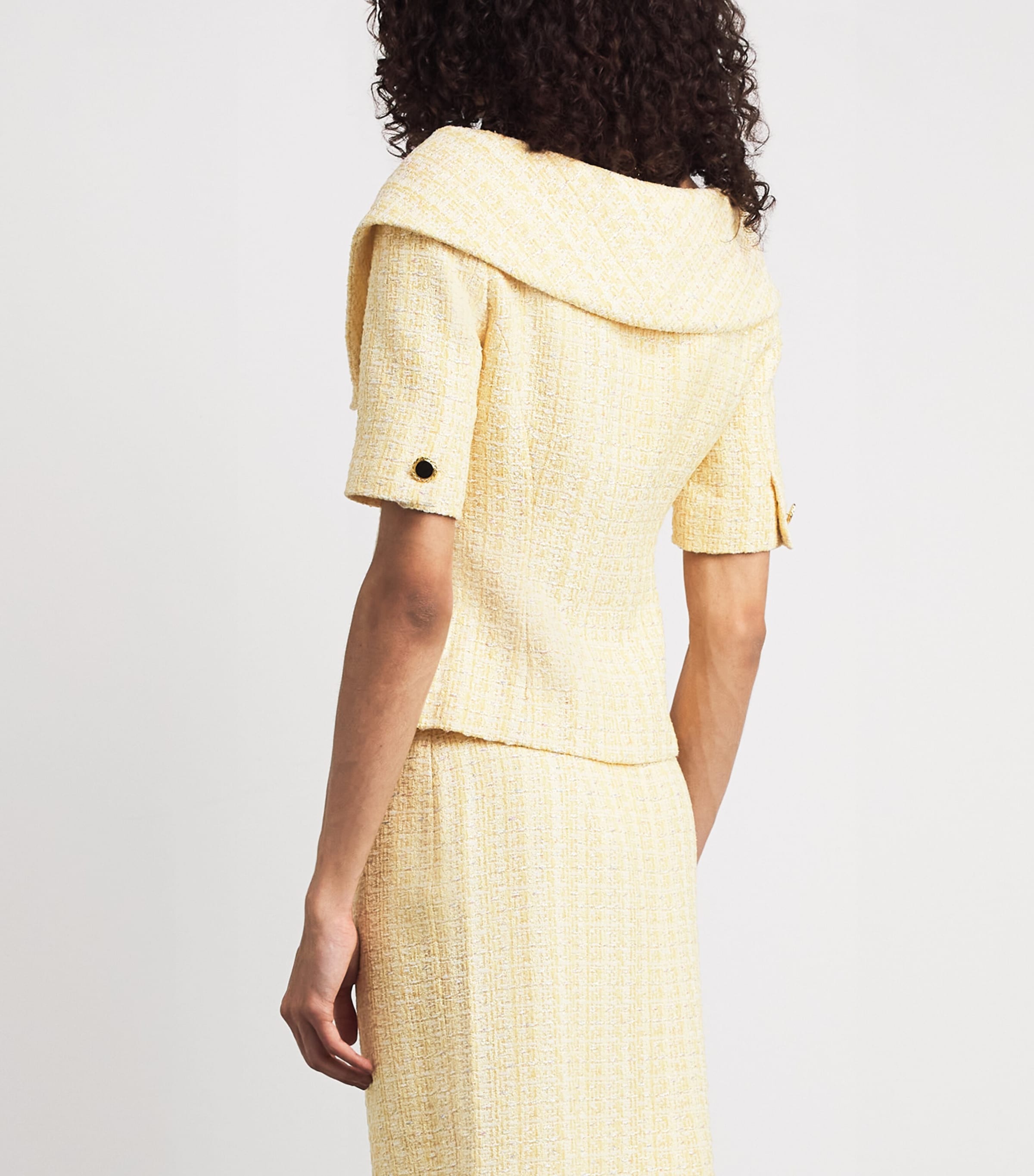 Alessandra Rich Womens Tweed Sequin Off-The-Shoulder Top Yellow Whit Image 5