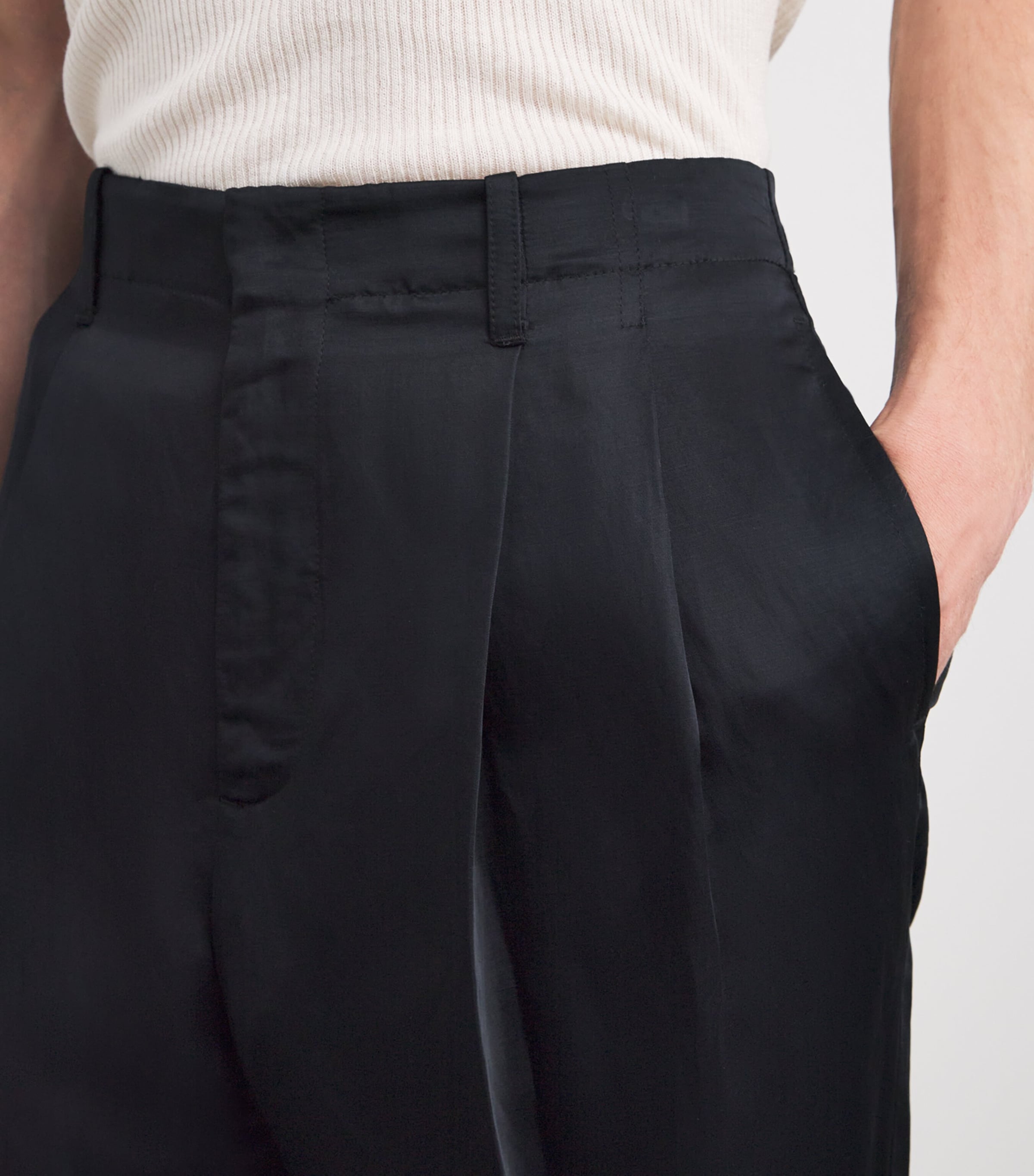 Satin Pleated Straight Trousers BLACK Image 6