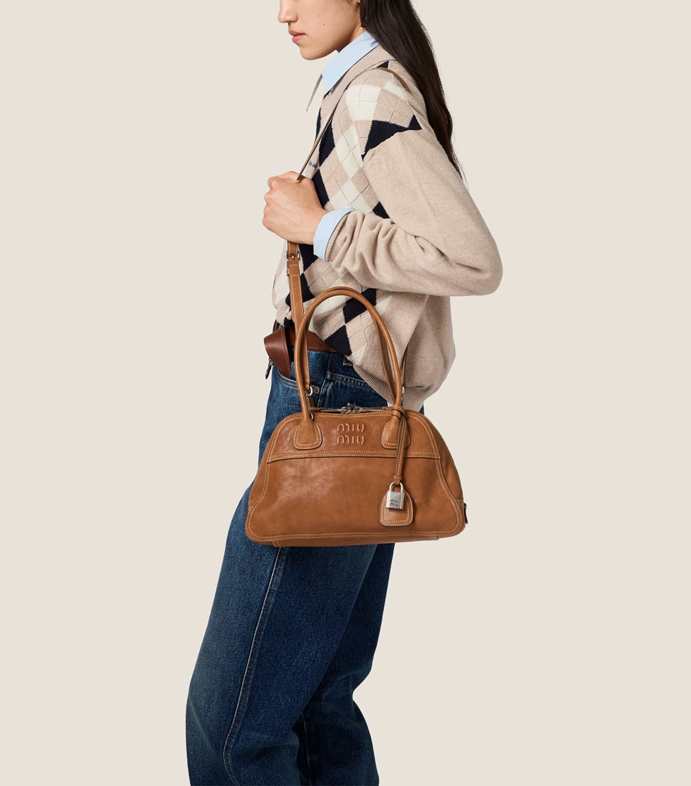 Miu Miu Large Nappa Leather Vivant Top-Handle Bag Brown Image 5