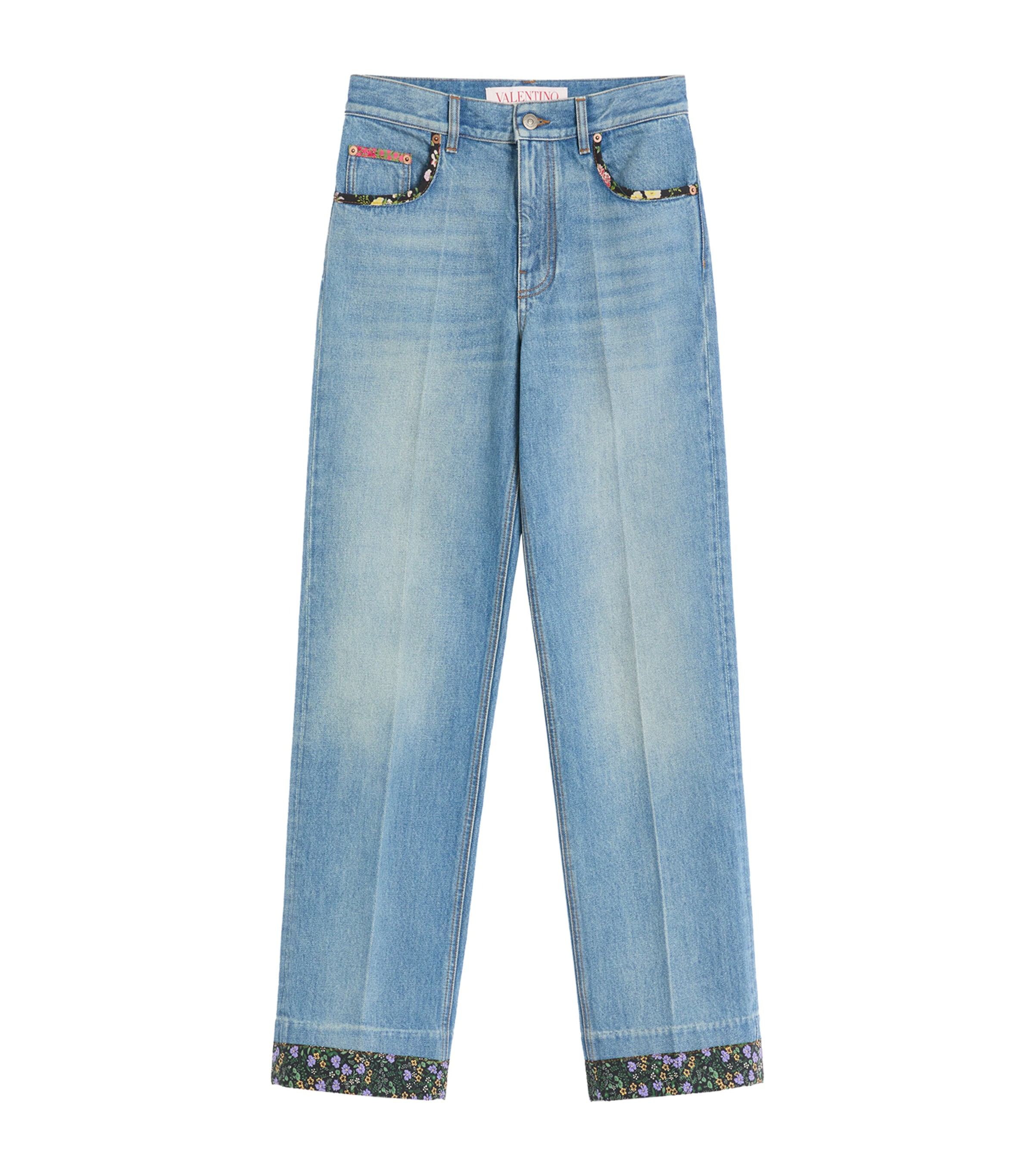 Valentino Straight-fit Denim Pants With Colorful Embellishments In Blue