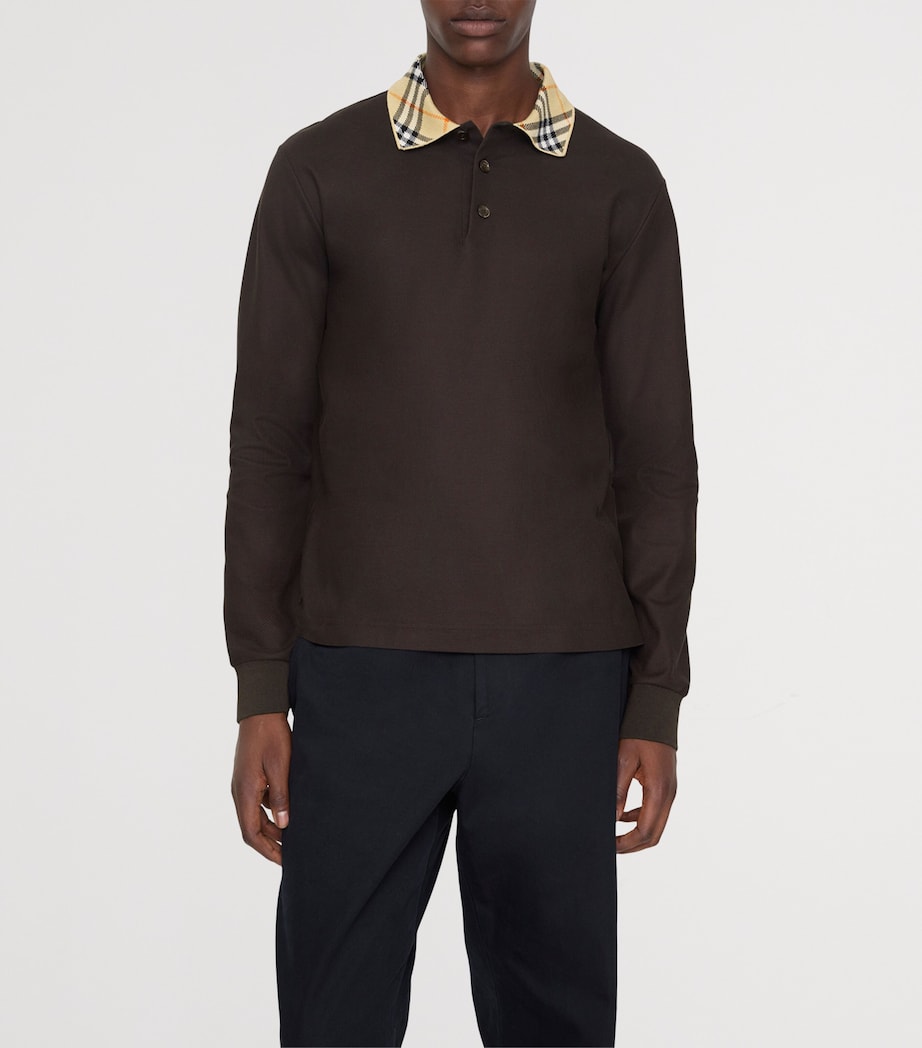 Cotton Check-Collar Long-Sleeve Polo Shirt CLOVE BROWN Image 2