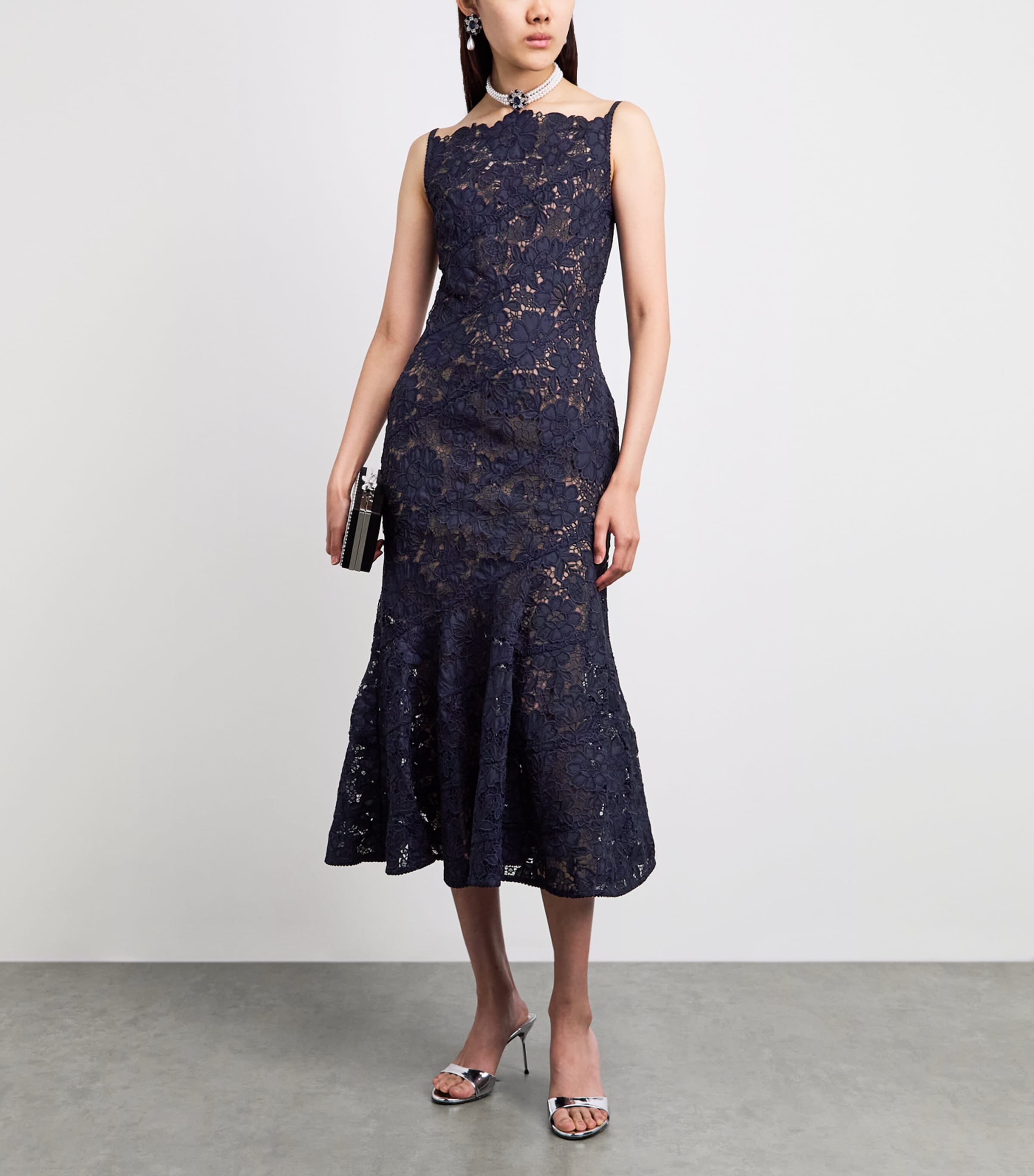 Self-Portrait Womens Lace Sleeveless Midi Dress Navy Image 2
