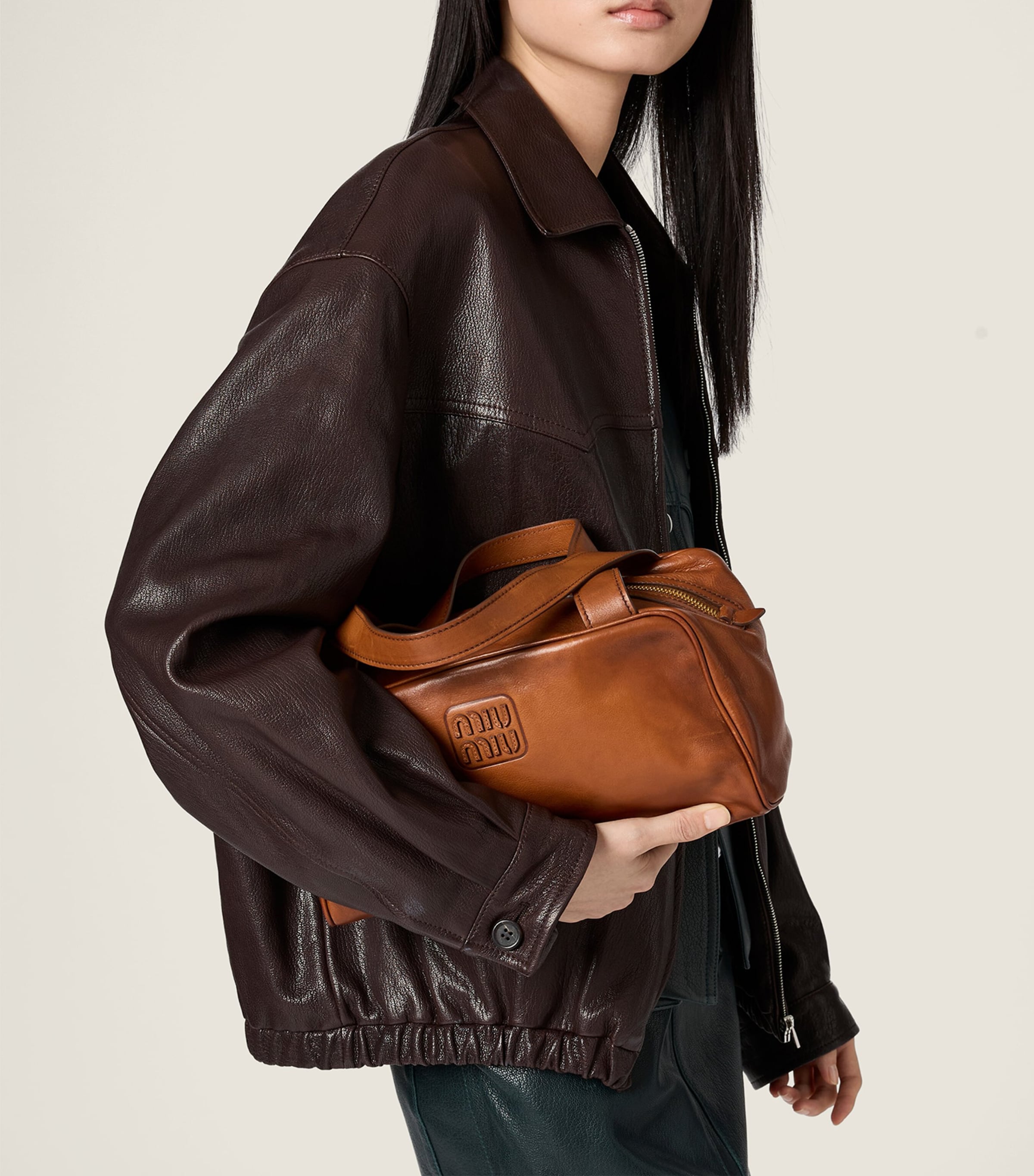 Miu Miu Womens Leather Blouson Jacket Brown Image 5