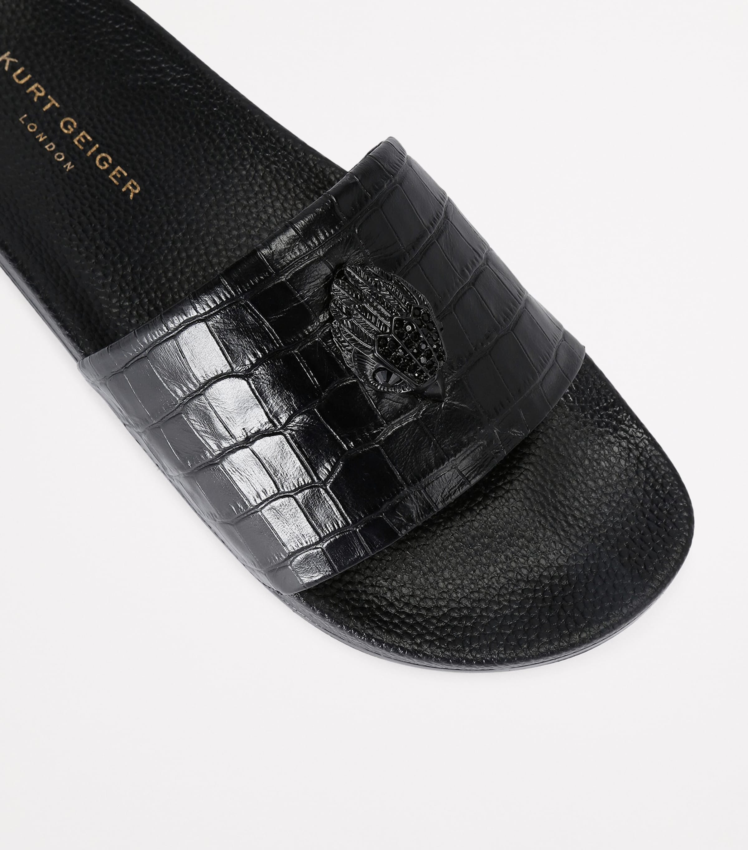 Leather Croc-Embossed Eagle Slides BLACK Image 3