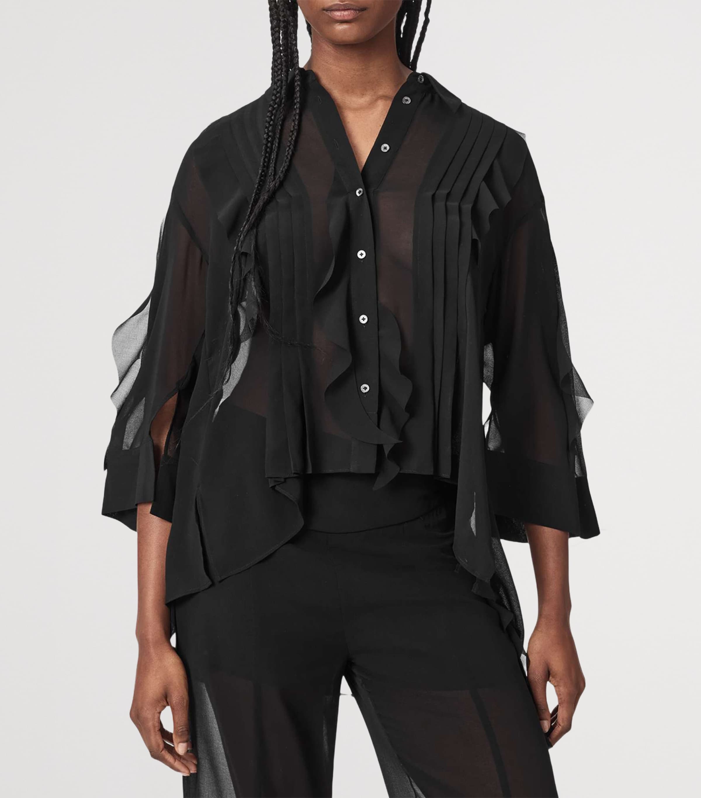 AllSaints Womens Chiffon Frill-Trim Minna Shirt Black Image 3