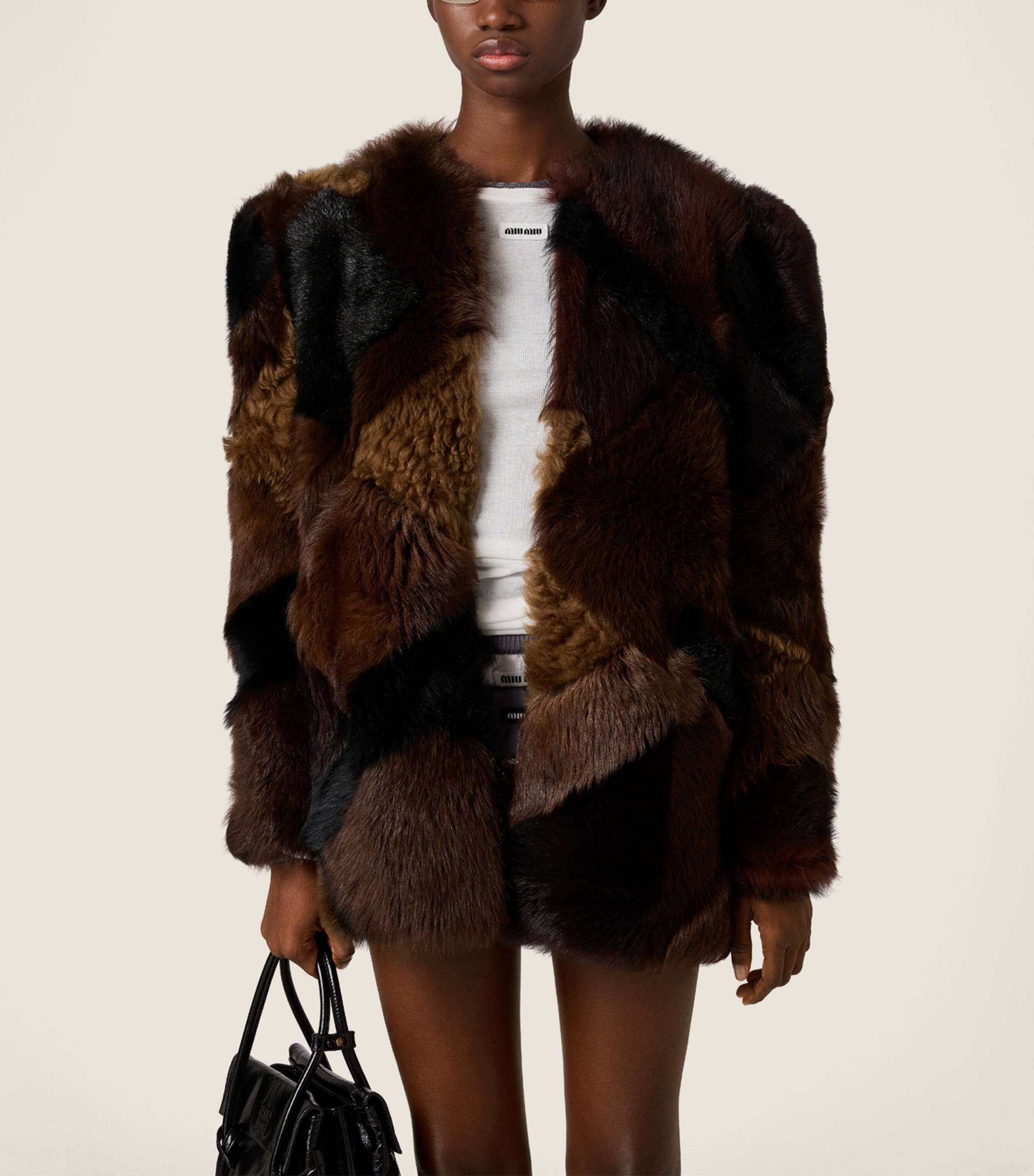 Miu Miu Womens Shearling Patchwork Jacket Brown Image 2