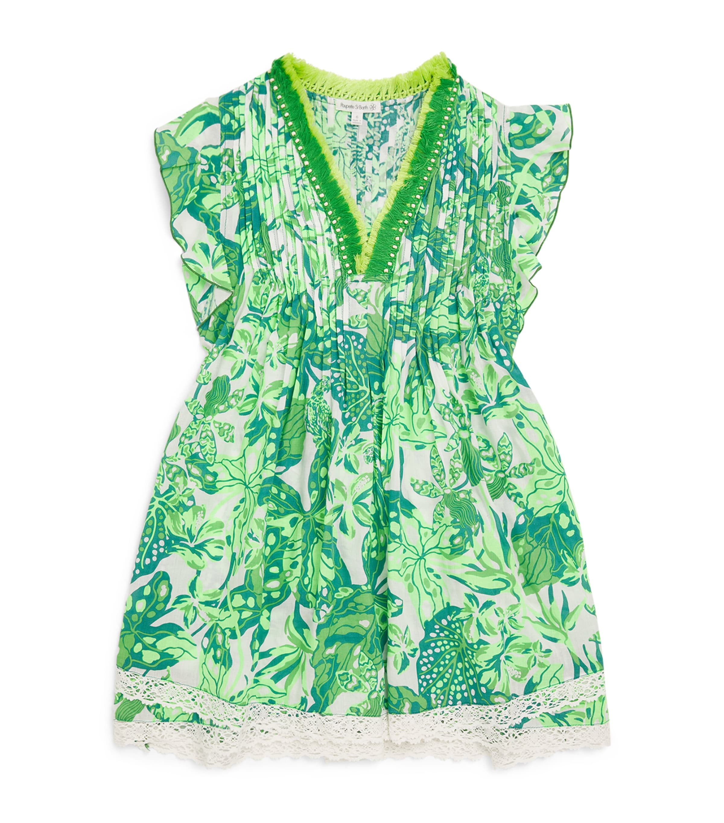 Poupette St Barth Sasha Floral Fringed Lace-trimmed Dress In Green