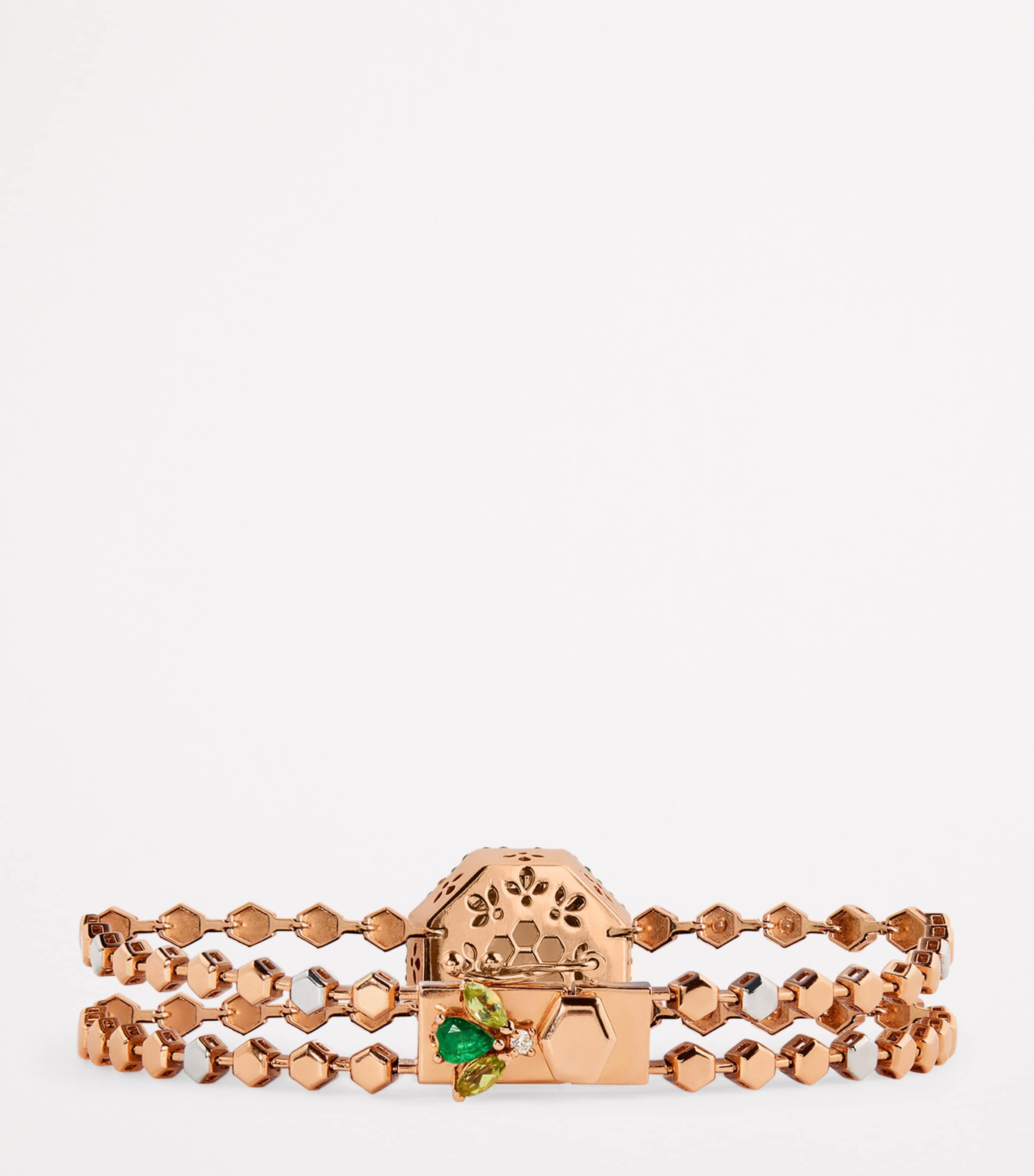 Yellow Gold, Diamond, Peridot and Emerald Honeycomb Bracelet ROSE GOLD Image 3