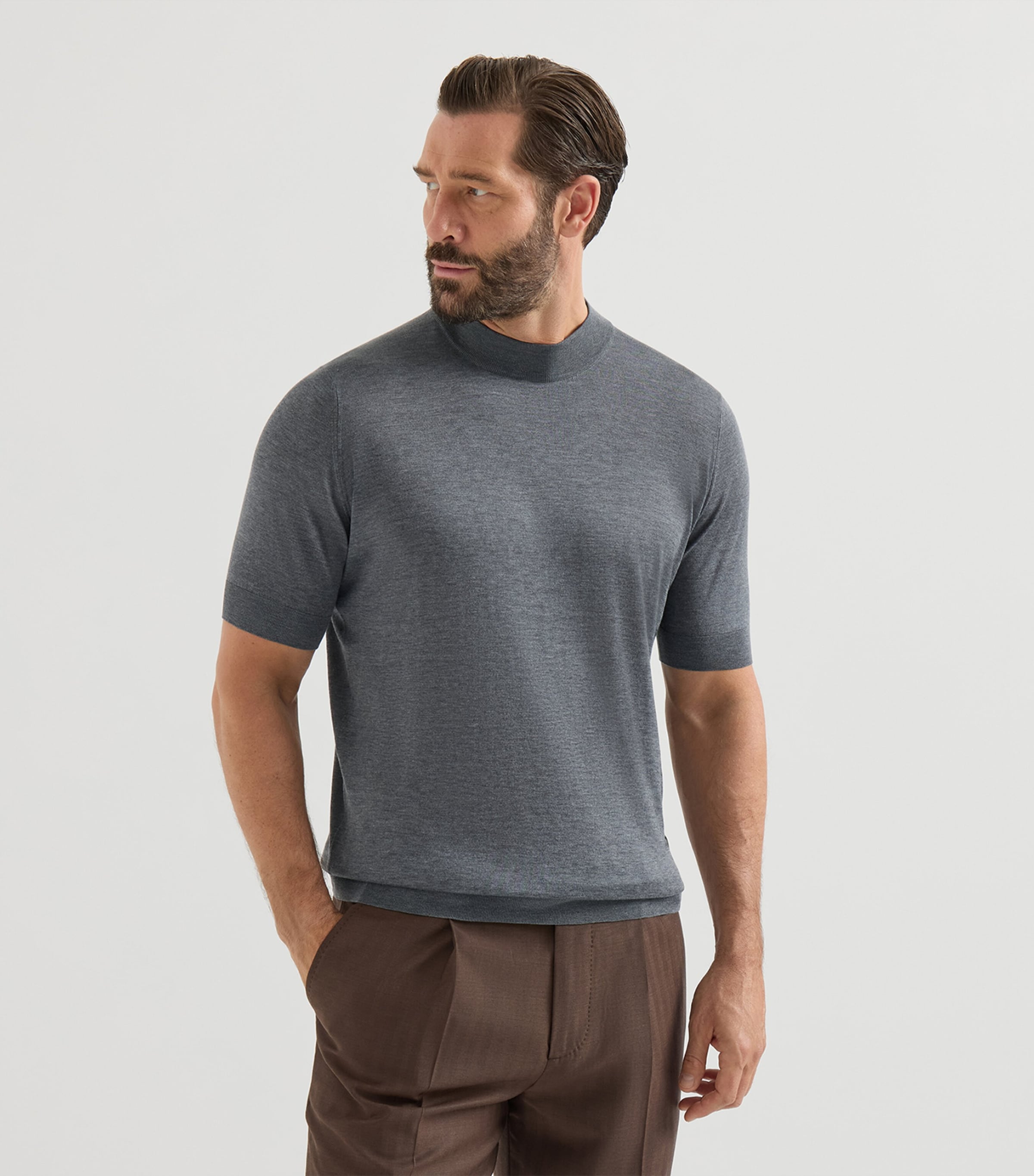 Brunello Cucinelli Mens Silk-Cotton High-Neck T-Shirt Grigio Scuro Image 2