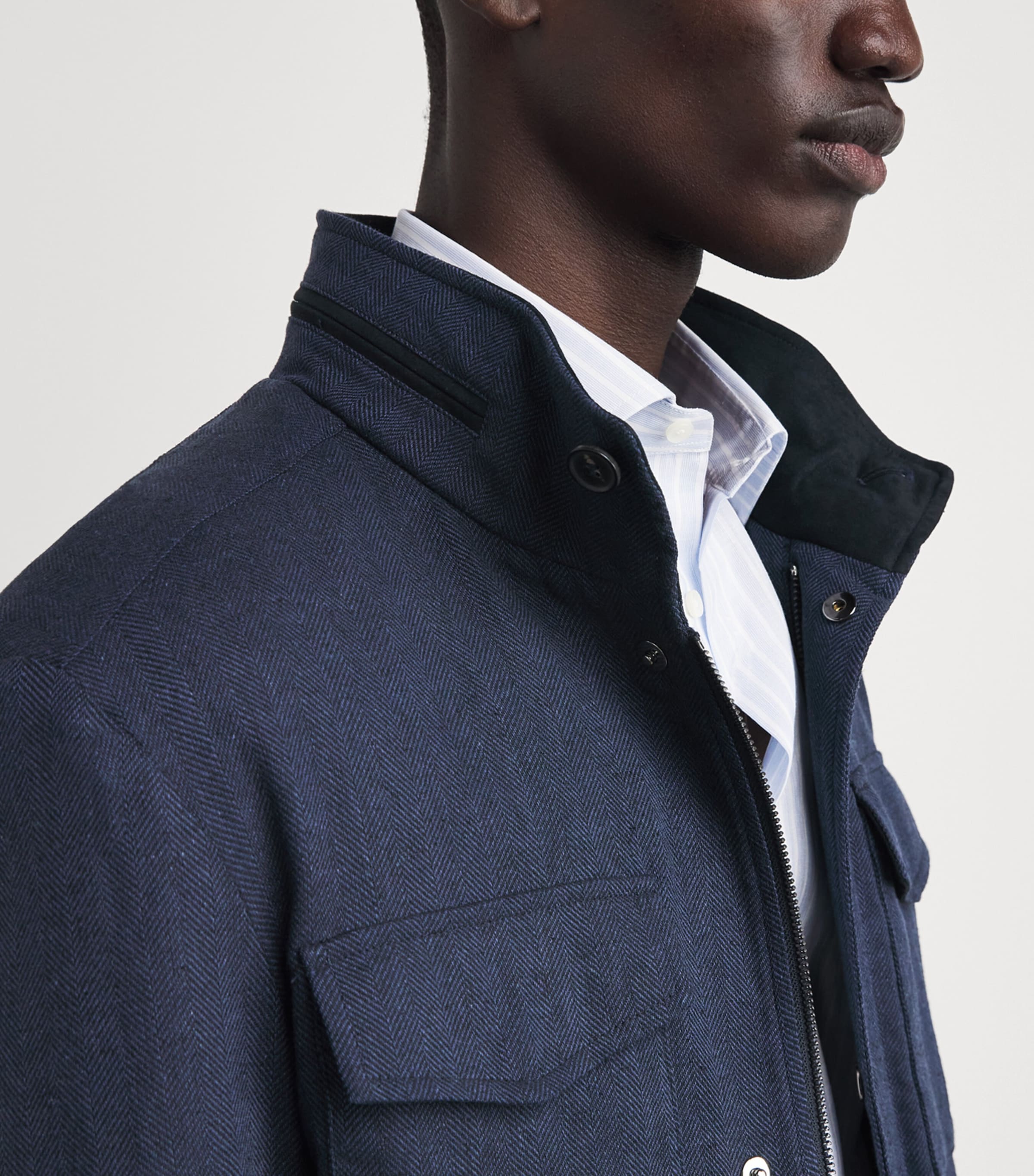 N.Peal Mens Linen-Cotton Hampton Jacket Blue Herringbone Image 3