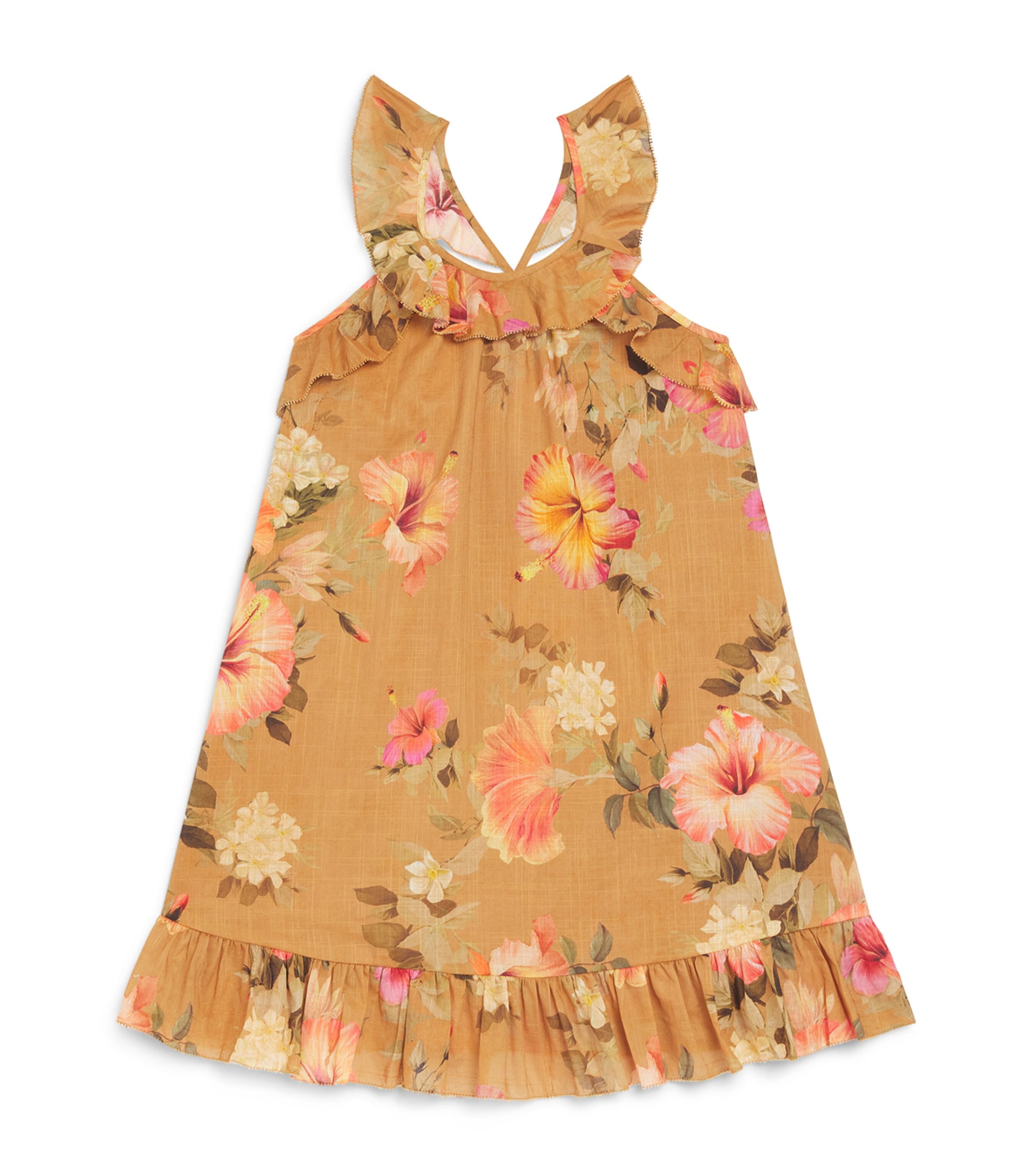 Zimmermann Kids Ruffled Mahon Dress (2-12 Years) Tan Hibiscus Image 1