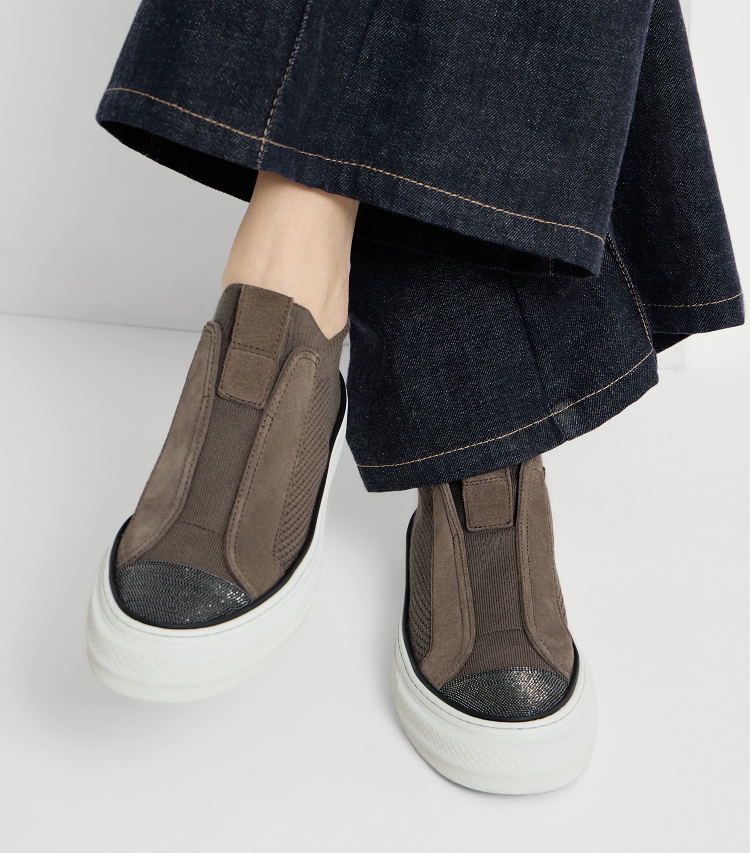 Brunello Cucinelli Knitted Suede-Trim Sneakers Image 5