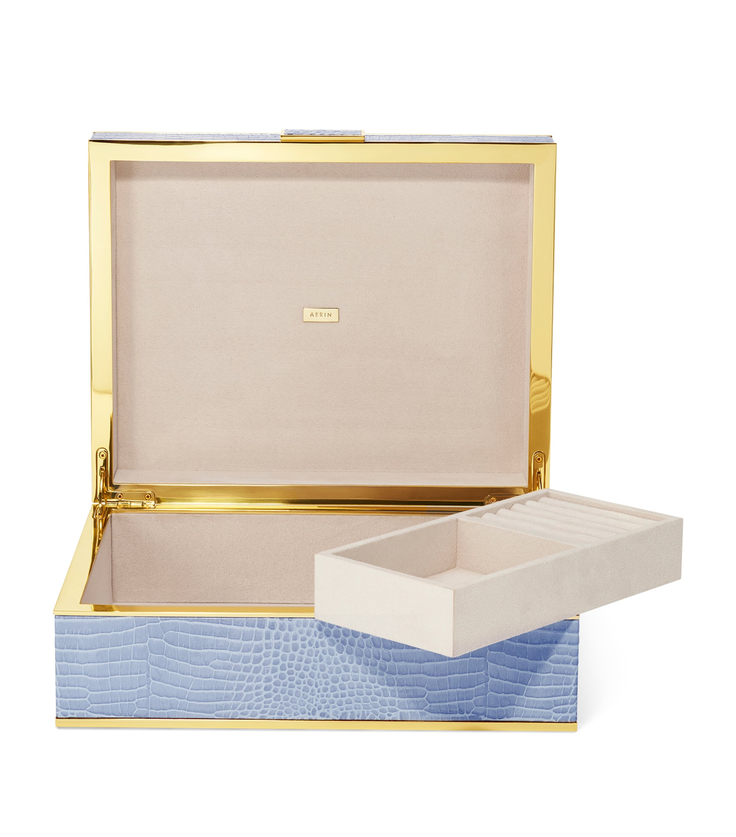 Large Leather Croc-Embossed Jewellery Box BLUE Image 2
