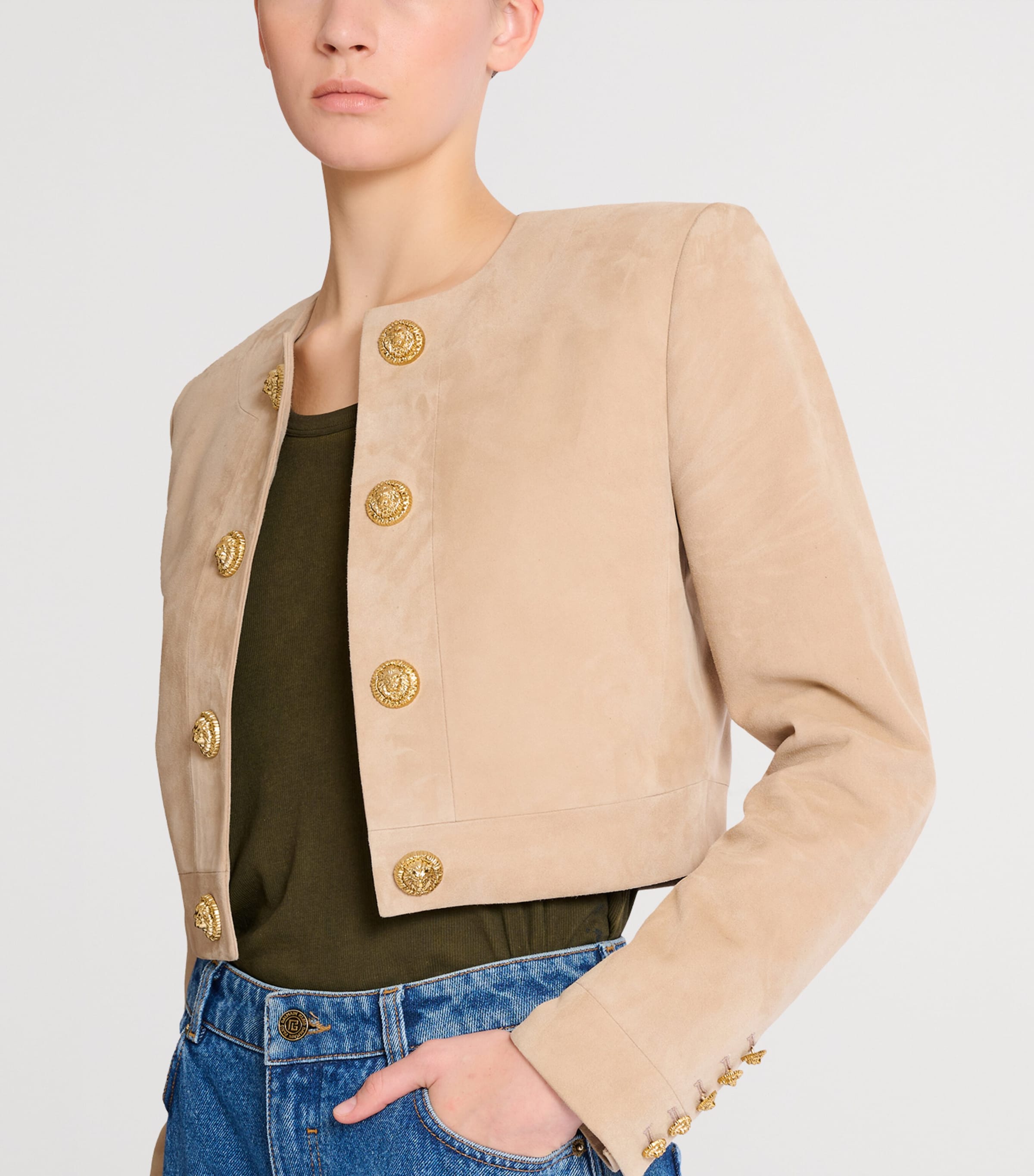 Balmain Womens Suede Cropped Jacket Sable Image 7