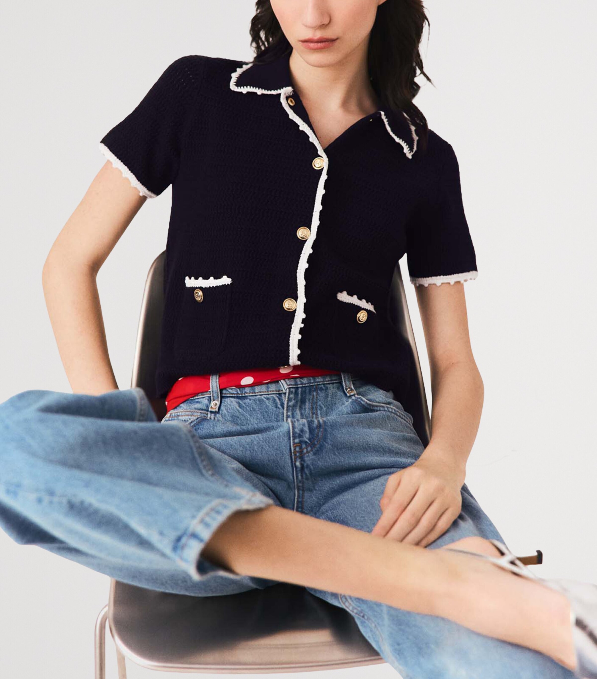 Maje Womens Textured Knit Short-Sleeve Cardigan Navy Image 6